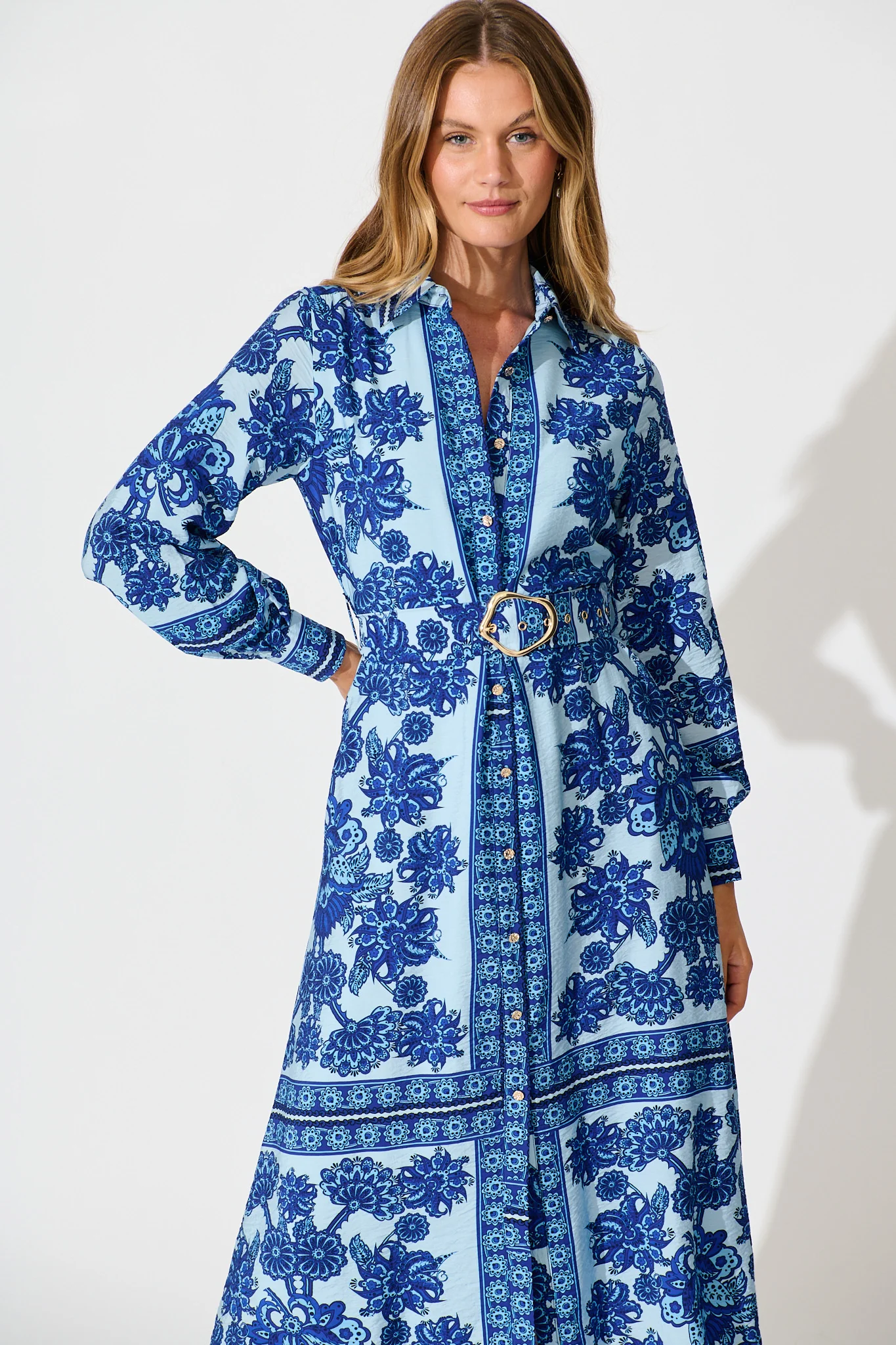 Avianna Midi Shirt Dress in Blue with Navy Border Print - Image 2