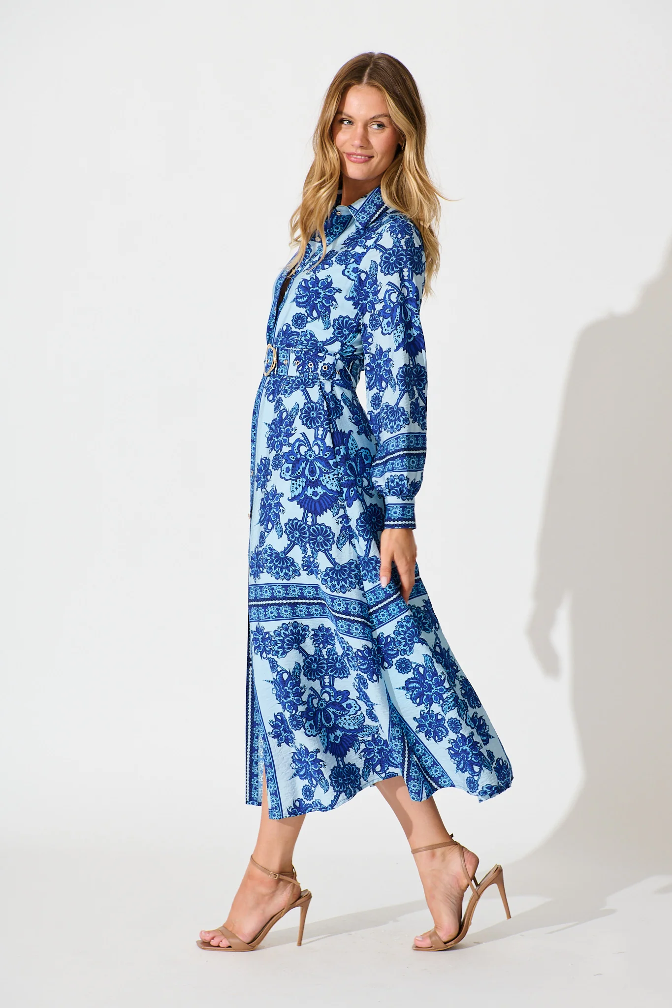 Avianna Midi Shirt Dress in Blue with Navy Border Print - Image 3