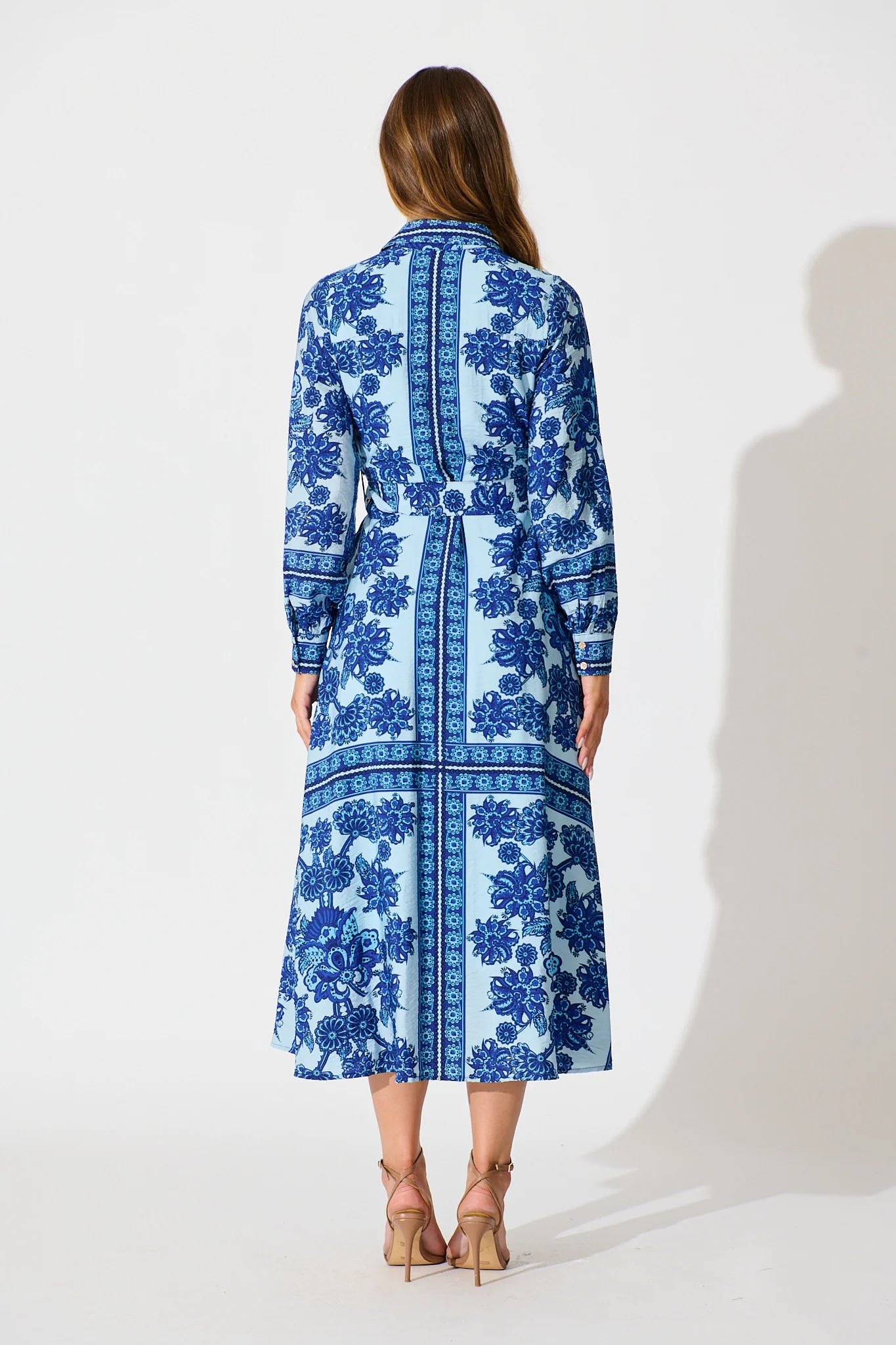 Avianna Midi Shirt Dress in Blue with Navy Border Print - Image 4