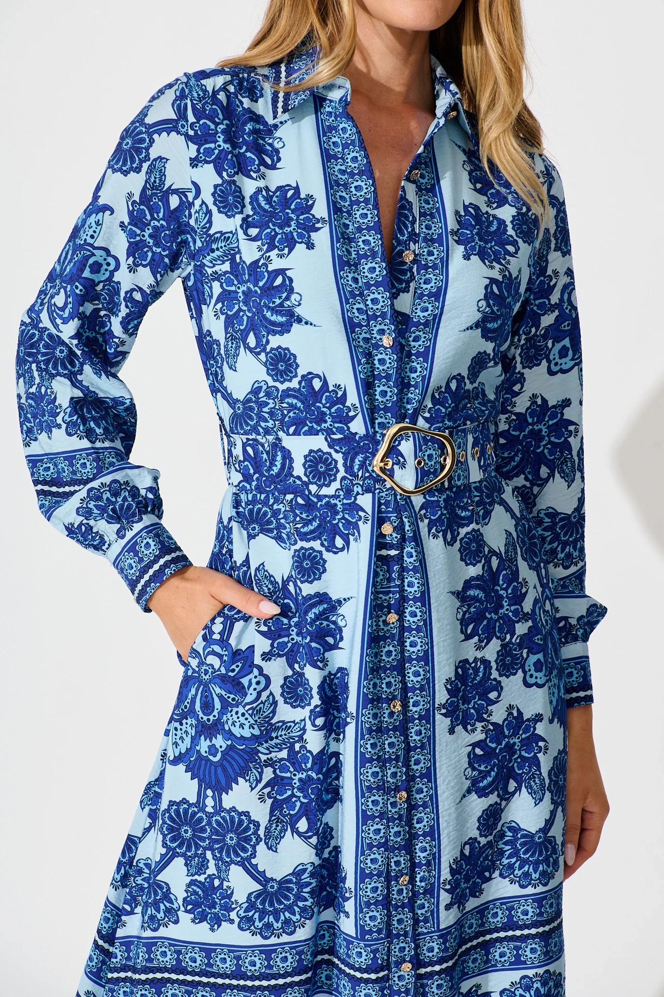 Avianna Midi Shirt Dress in Blue with Navy Border Print - Image 5