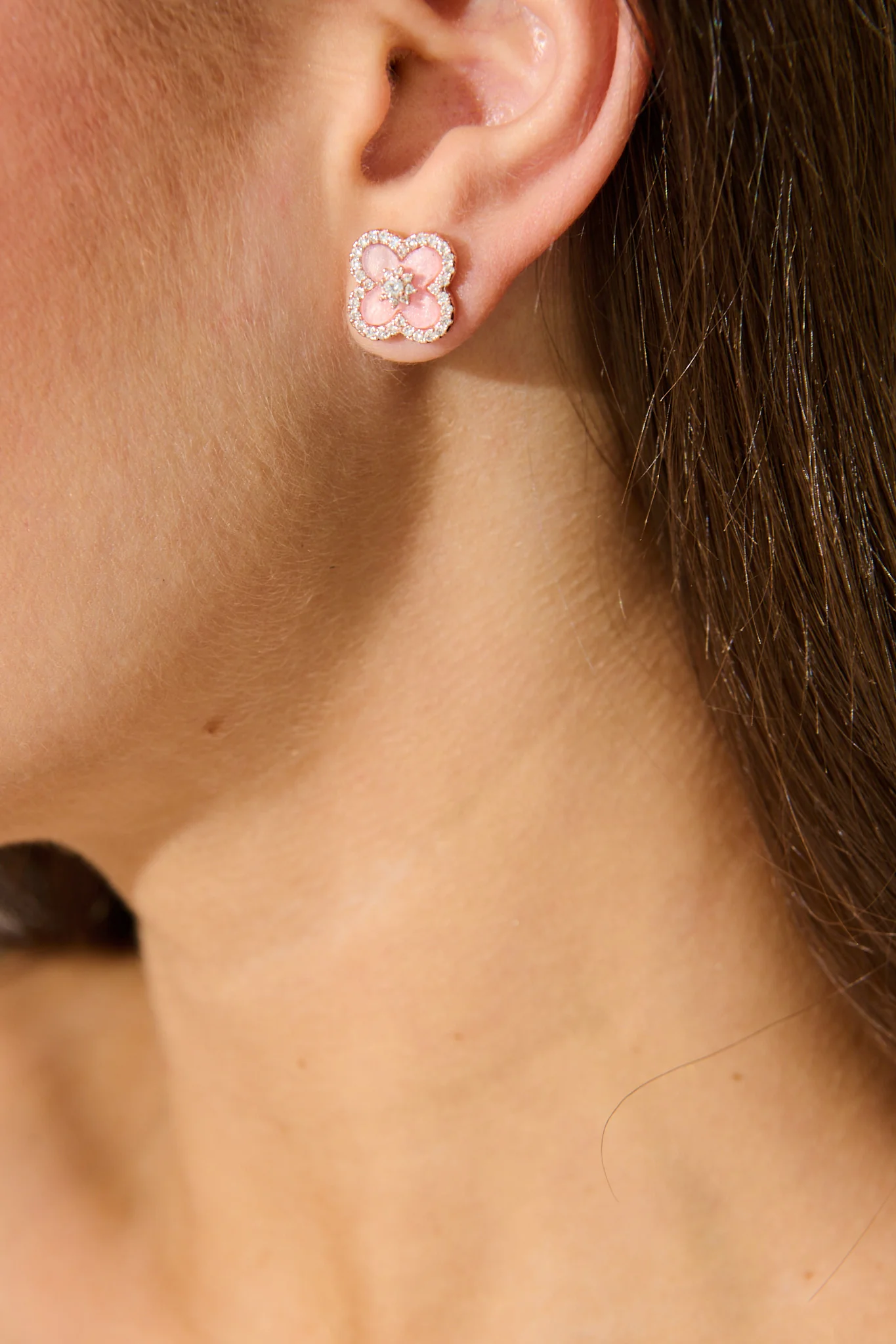 Ayala Stud Diamante Earrings in Pink Enamel Clover