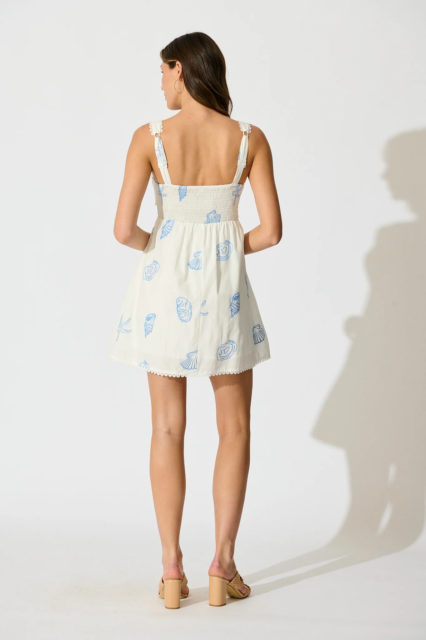 Azure Dress in White with Blue Seashell Embroidery Cotton - Image 4