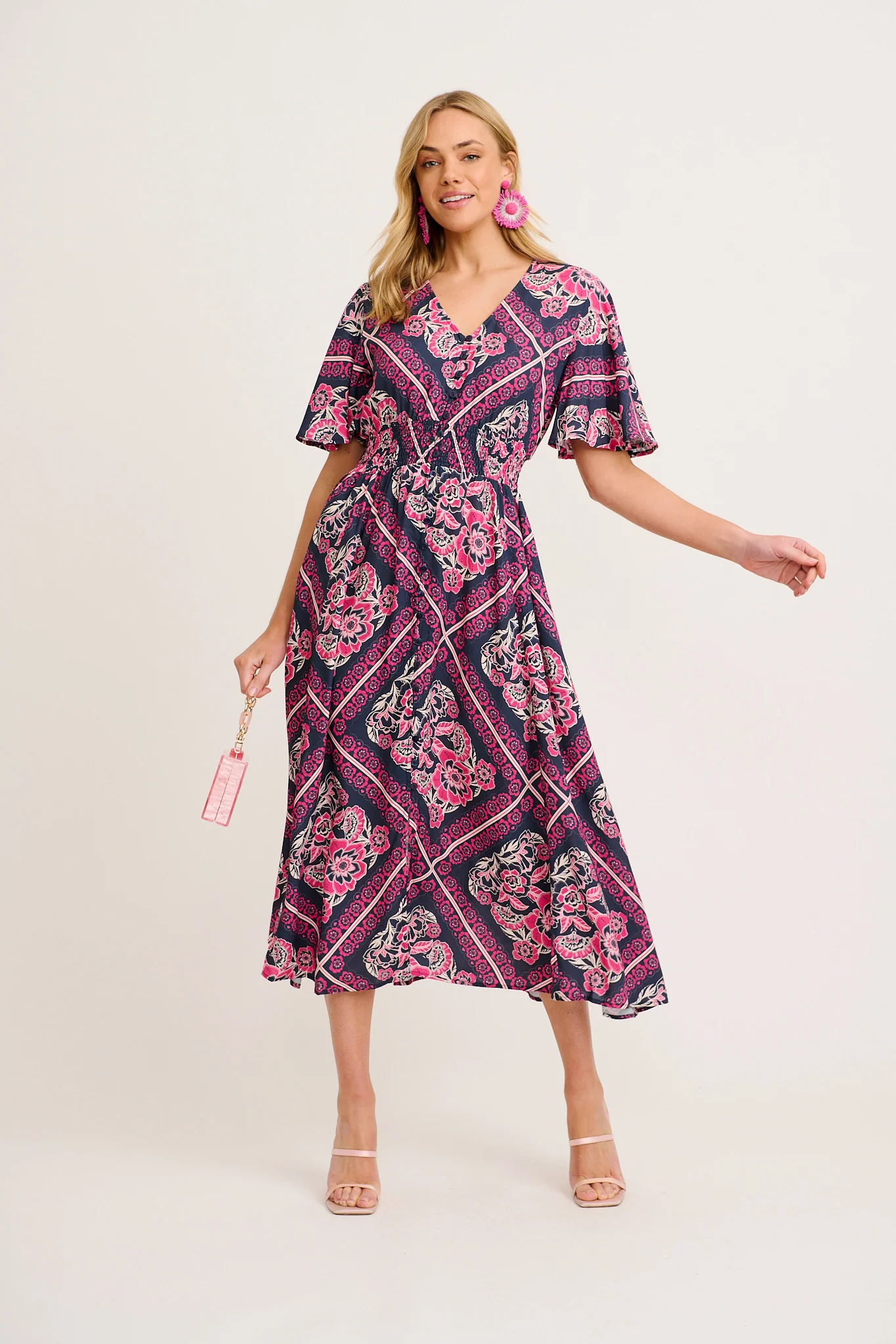 Beatrice Maxi Dress in Navy with Pink Floral Tiles Print - Image 2