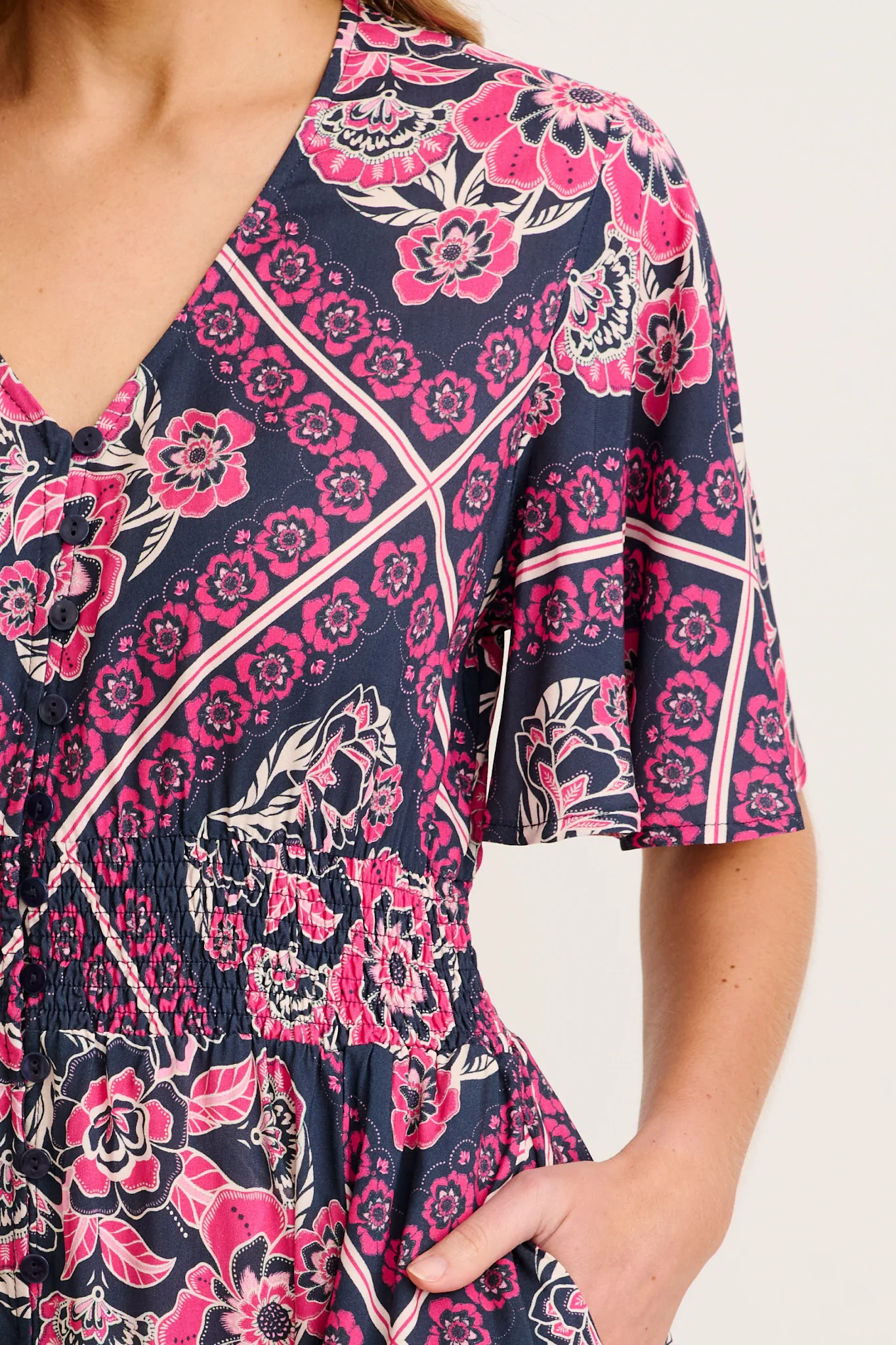 Beatrice Maxi Dress in Navy with Pink Floral Tiles Print - Image 6
