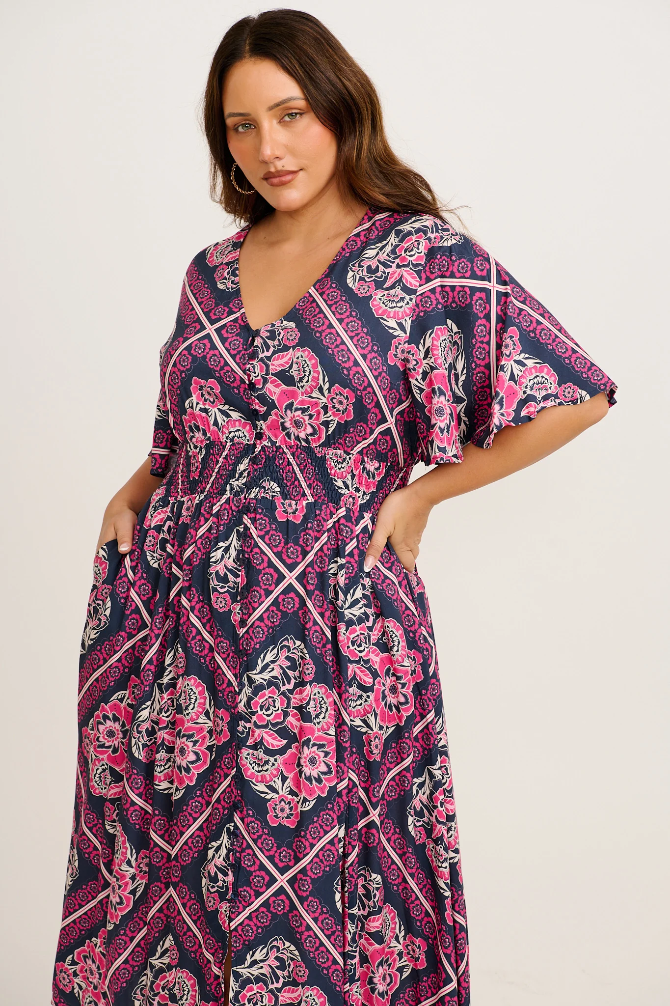 Beatrice Maxi Dress in Navy with Pink Floral Tiles Print - Image 7