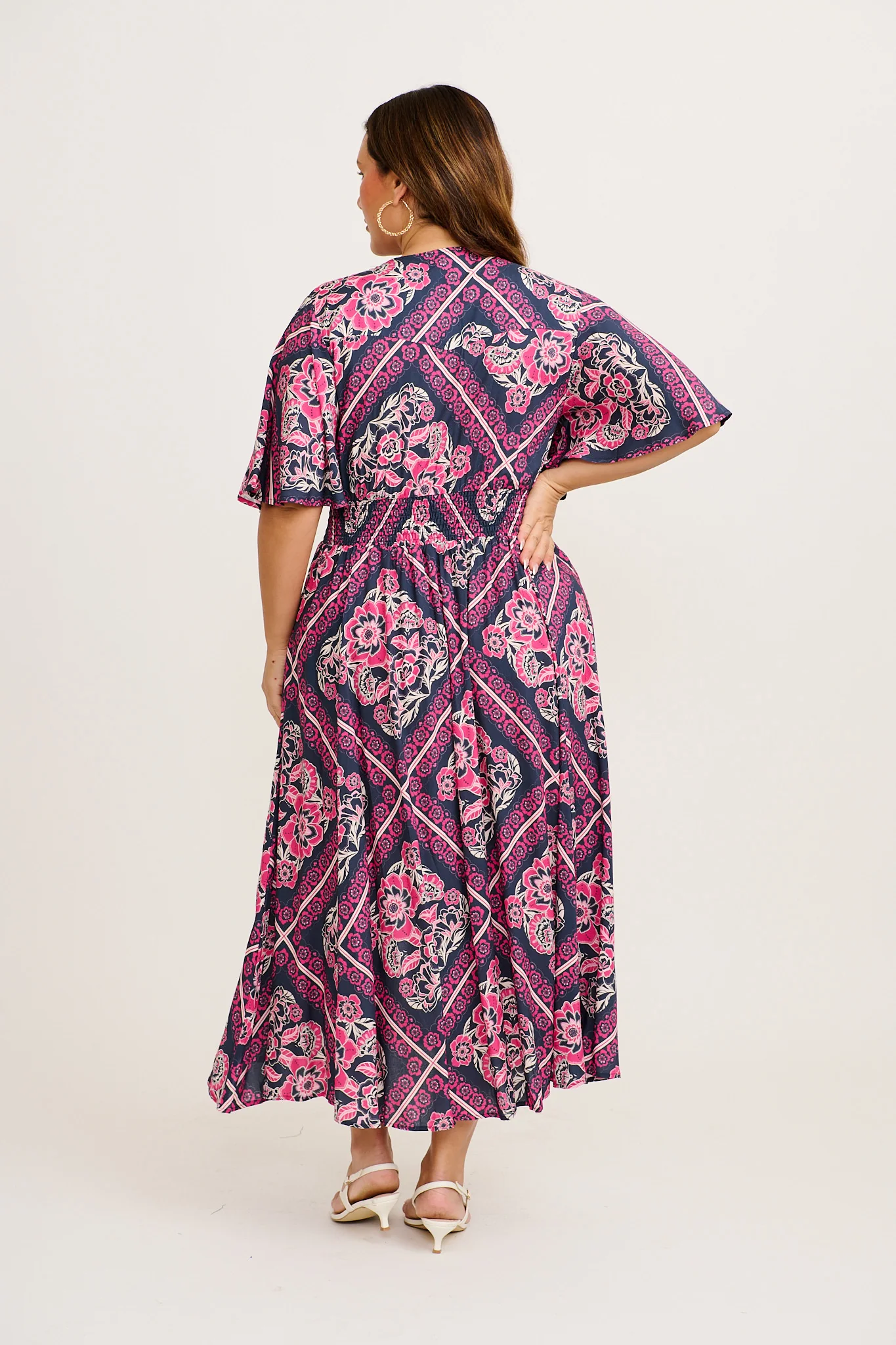 Beatrice Maxi Dress in Navy with Pink Floral Tiles Print - Image 9