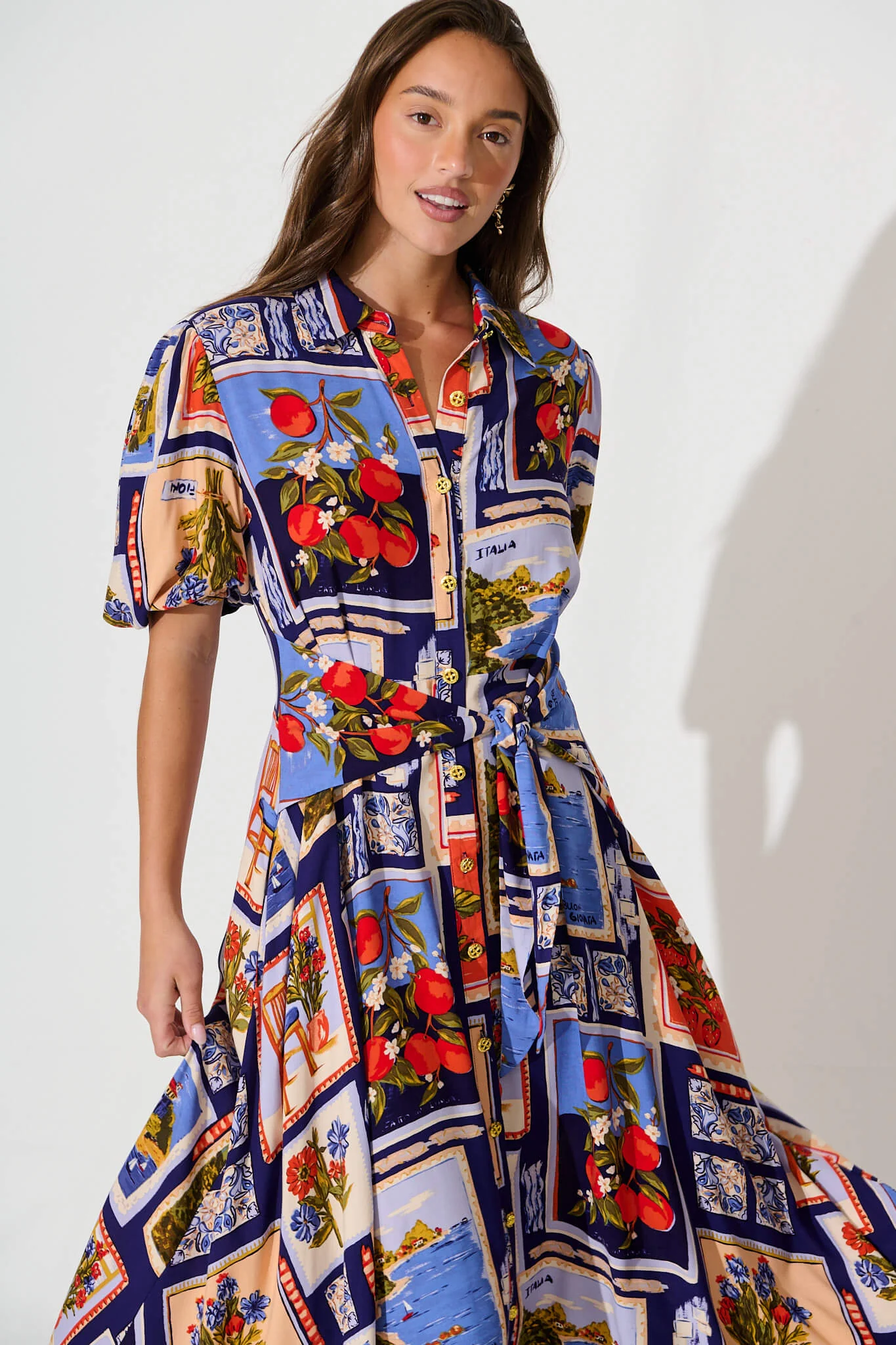 Bella Maxi Shirt Dress In Blue Multi Postcard Print - Image 2