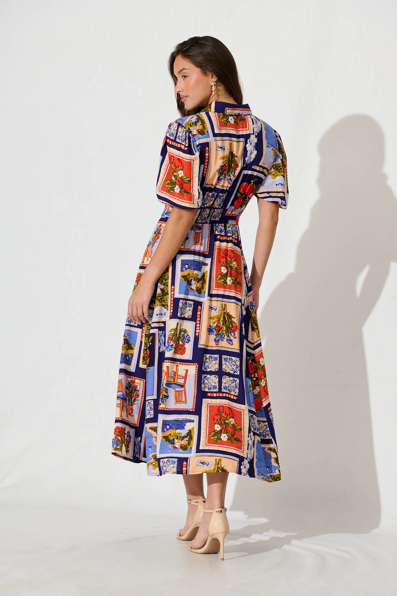 Bella Maxi Shirt Dress In Blue Multi Postcard Print - Image 4