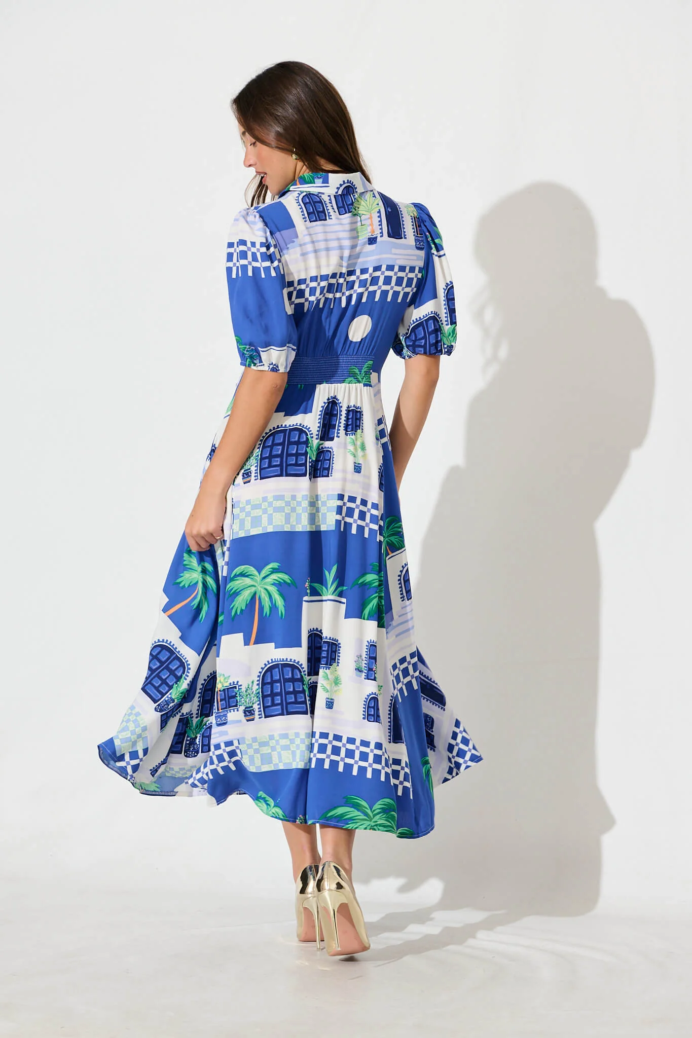 Bella Maxi Shirt Dress in Blue with White Print - Image 4