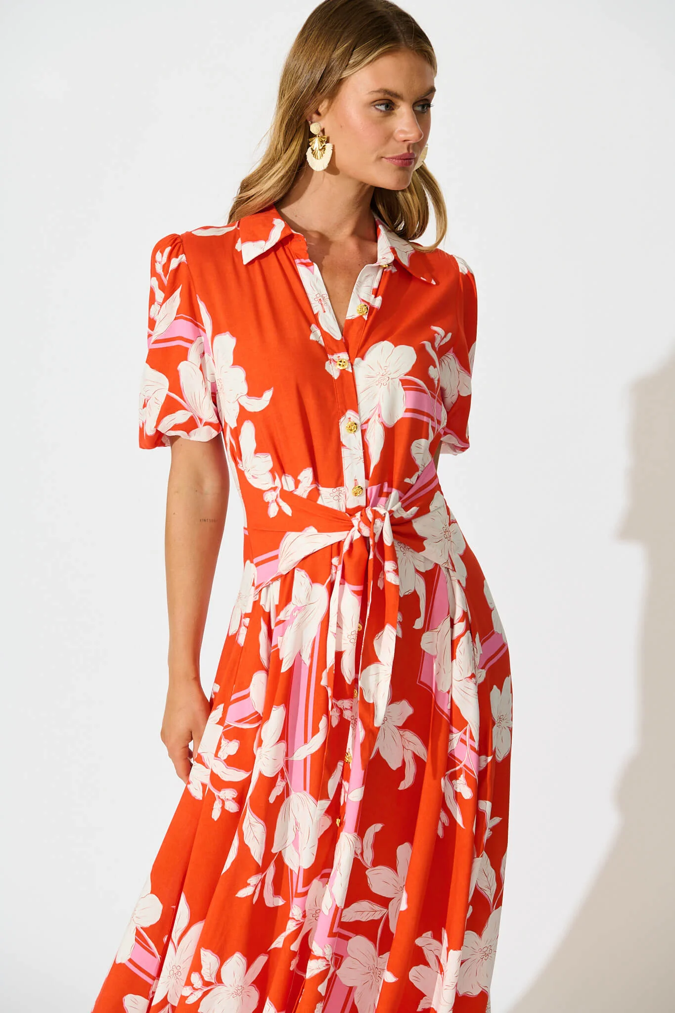 Bella Maxi Shirt Dress in Tangerine with White Floral - Image 6