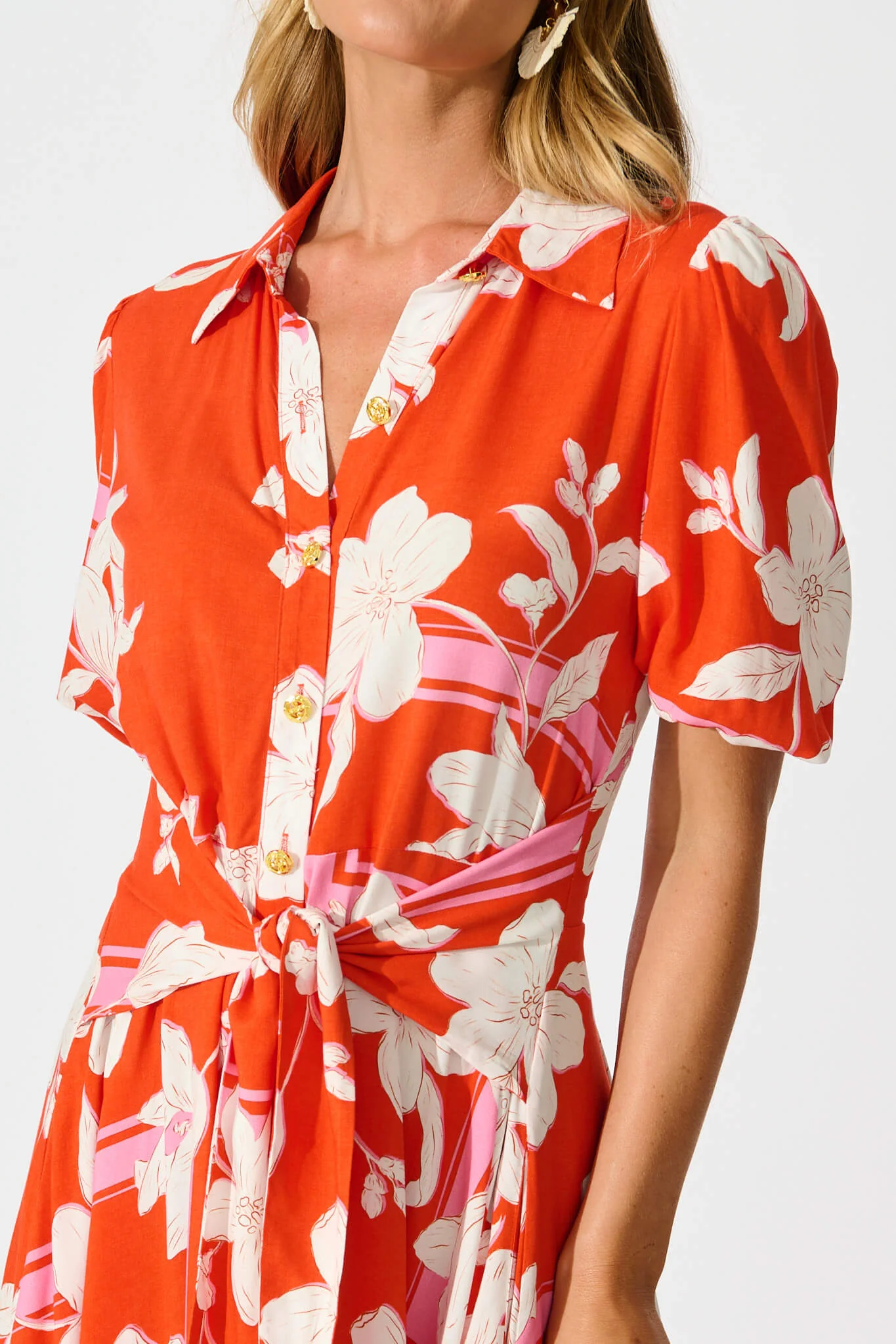 Bella Maxi Shirt Dress in Tangerine with White Floral - Image 9