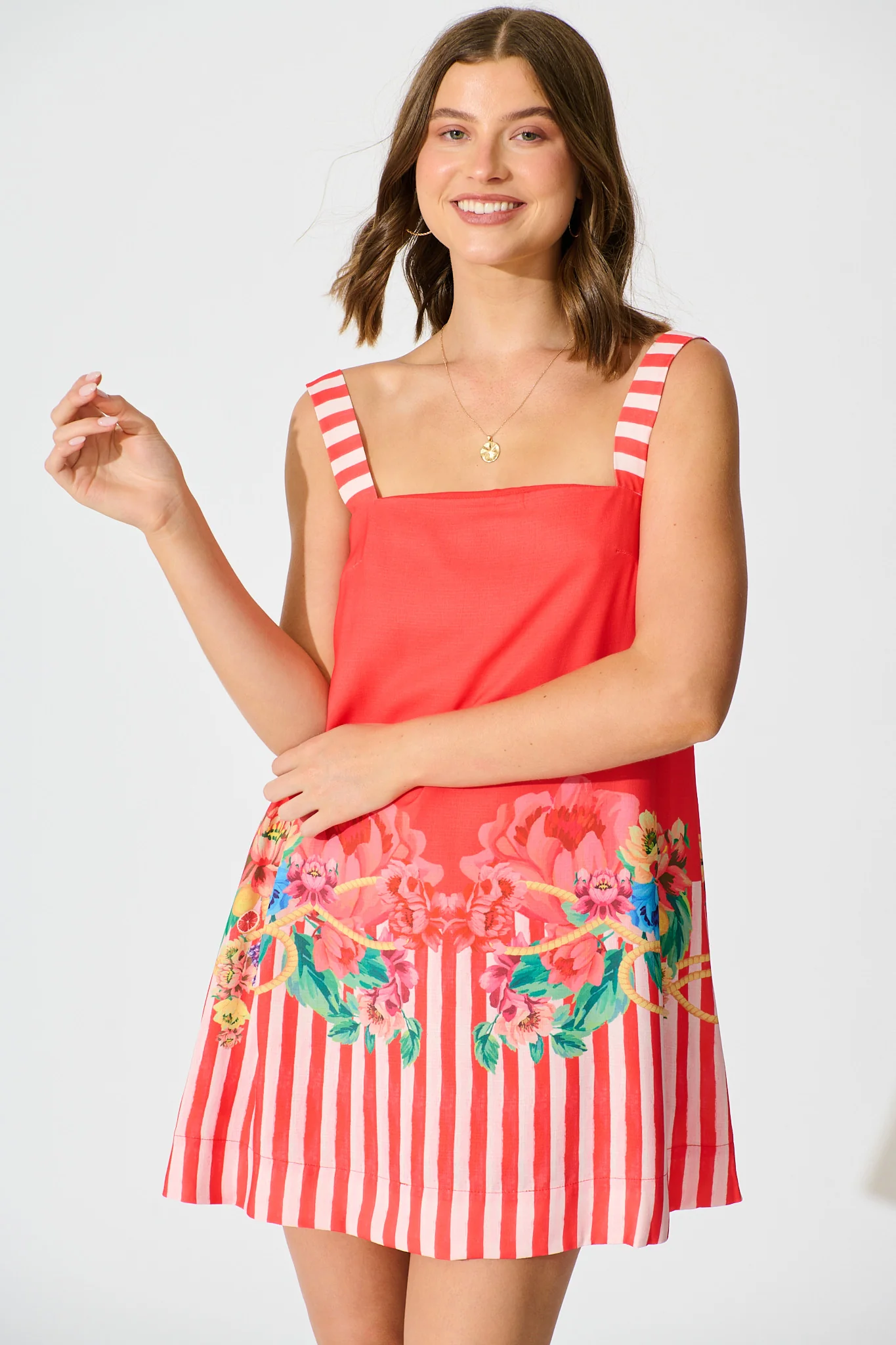 Bella Vita Sundress in Red Floral and Lemon Cotton Linen Blend - Image 5
