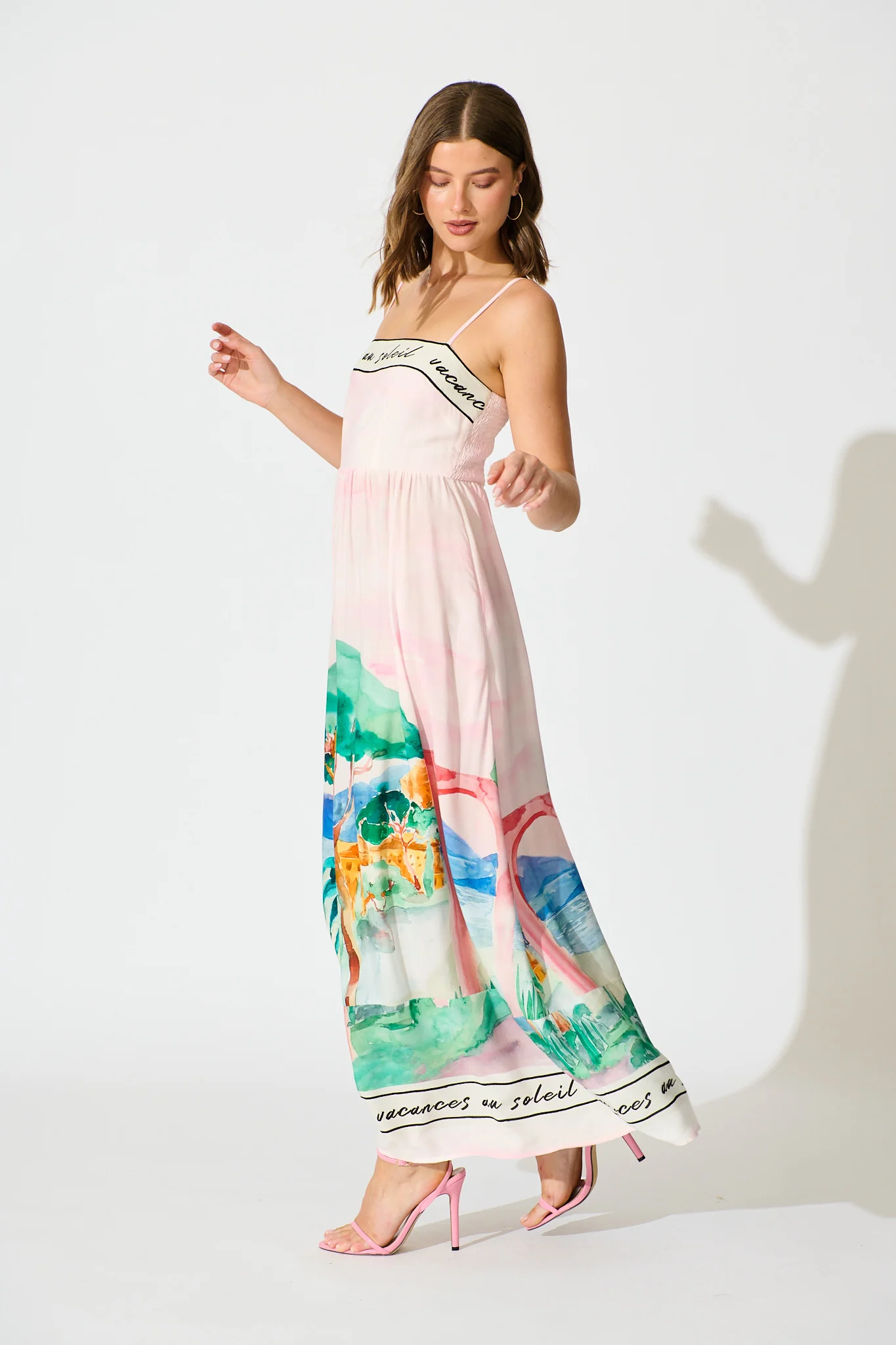Belle Essence Maxi Sundress in Blush Multi Landscape Print - Image 3