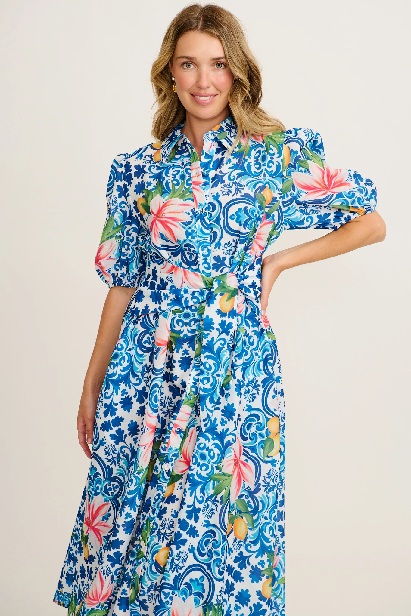 Belle Maxi Shirt Dress in Blue Multi Tiles Print Linen Blend - Image 2
