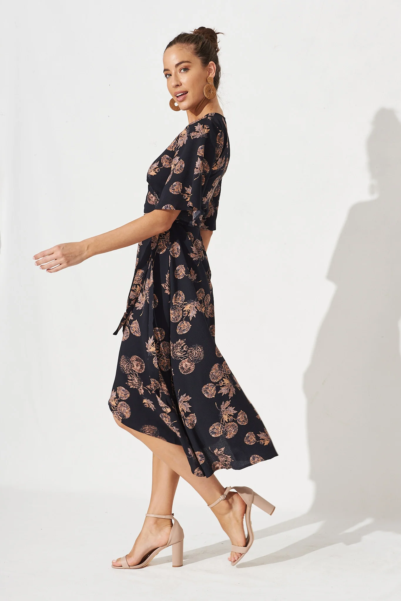 Bellerose Midi Wrap Dress In Charcoal With Apricot Floral - Image 3