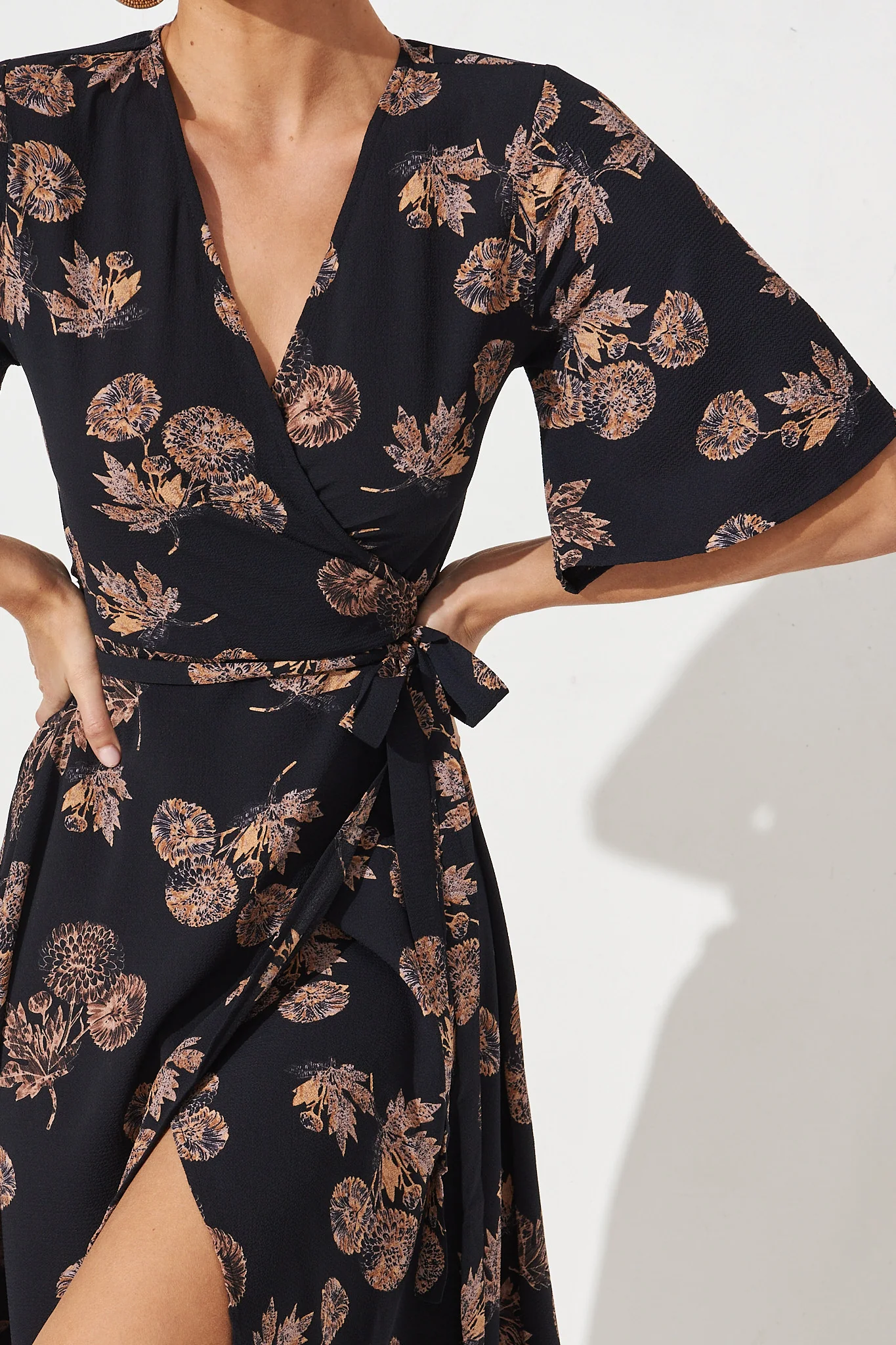 Bellerose Midi Wrap Dress In Charcoal With Apricot Floral - Image 5
