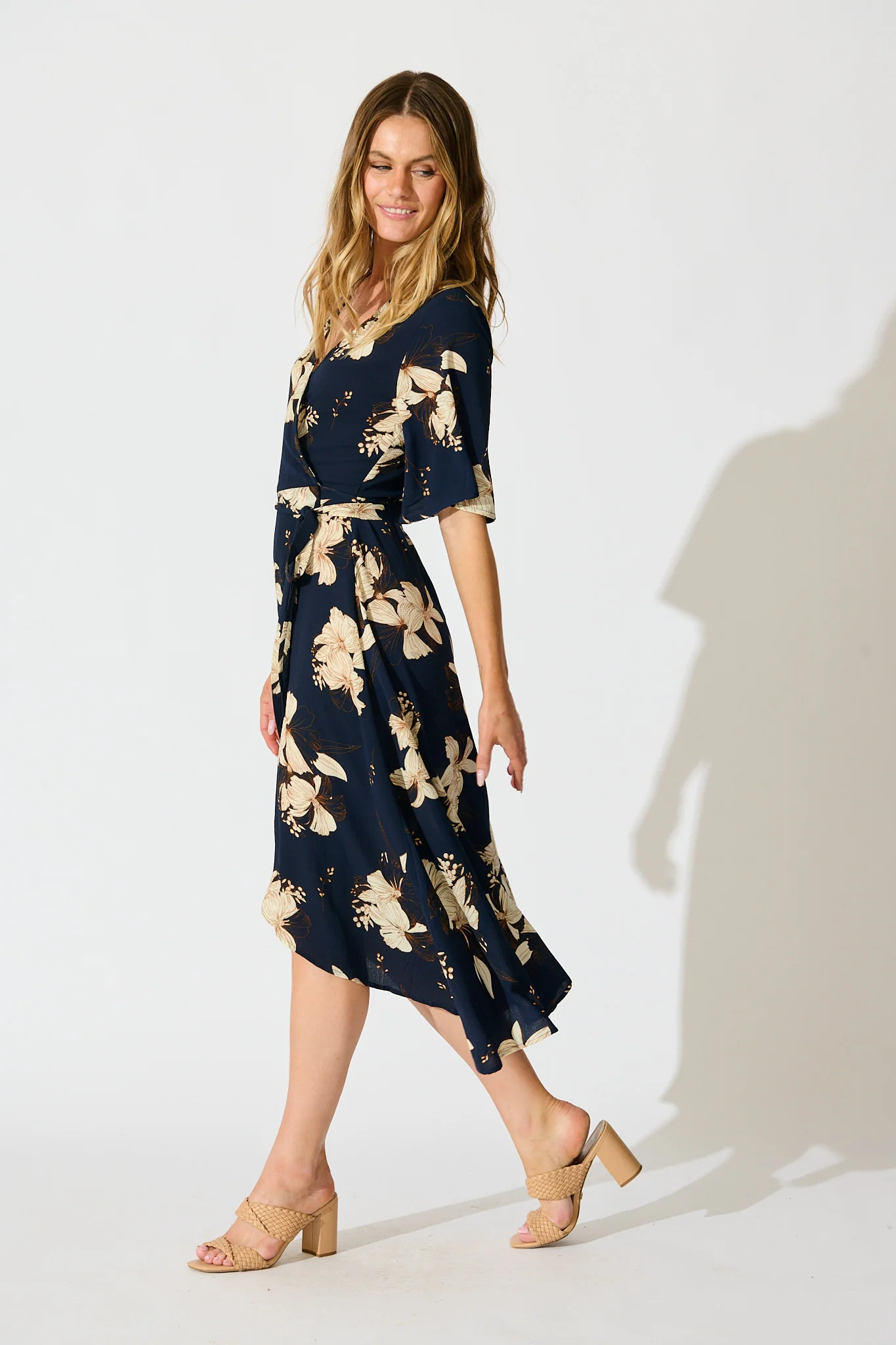 Bellerose Midi Wrap Dress in Navy with Cream Floral - Image 3