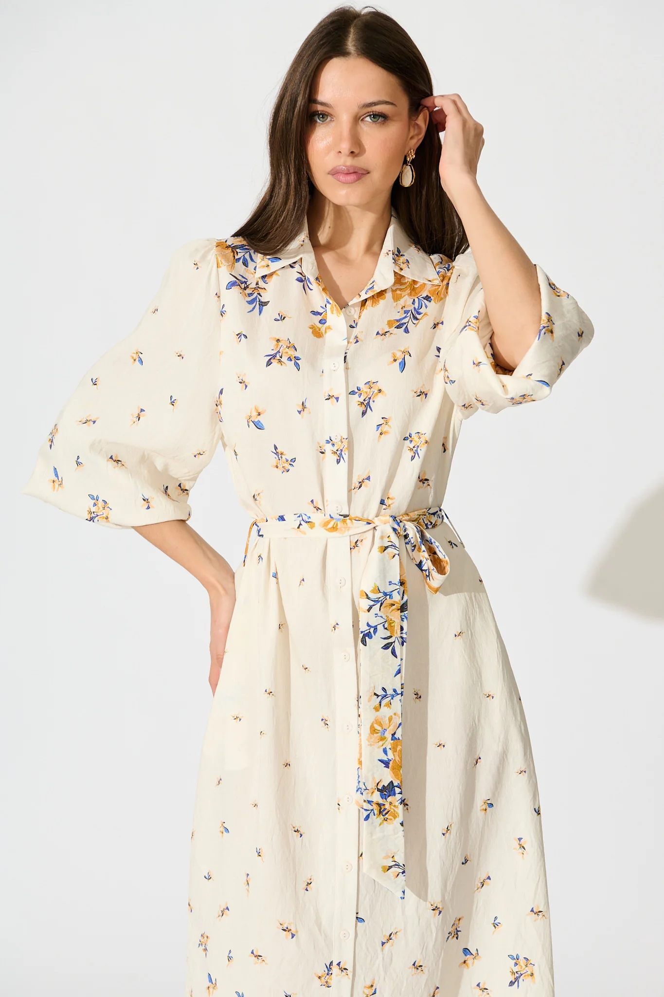 Bellie Maxi Shirt Dress in Cream with Blue and Yellow Linen Blend - Image 2