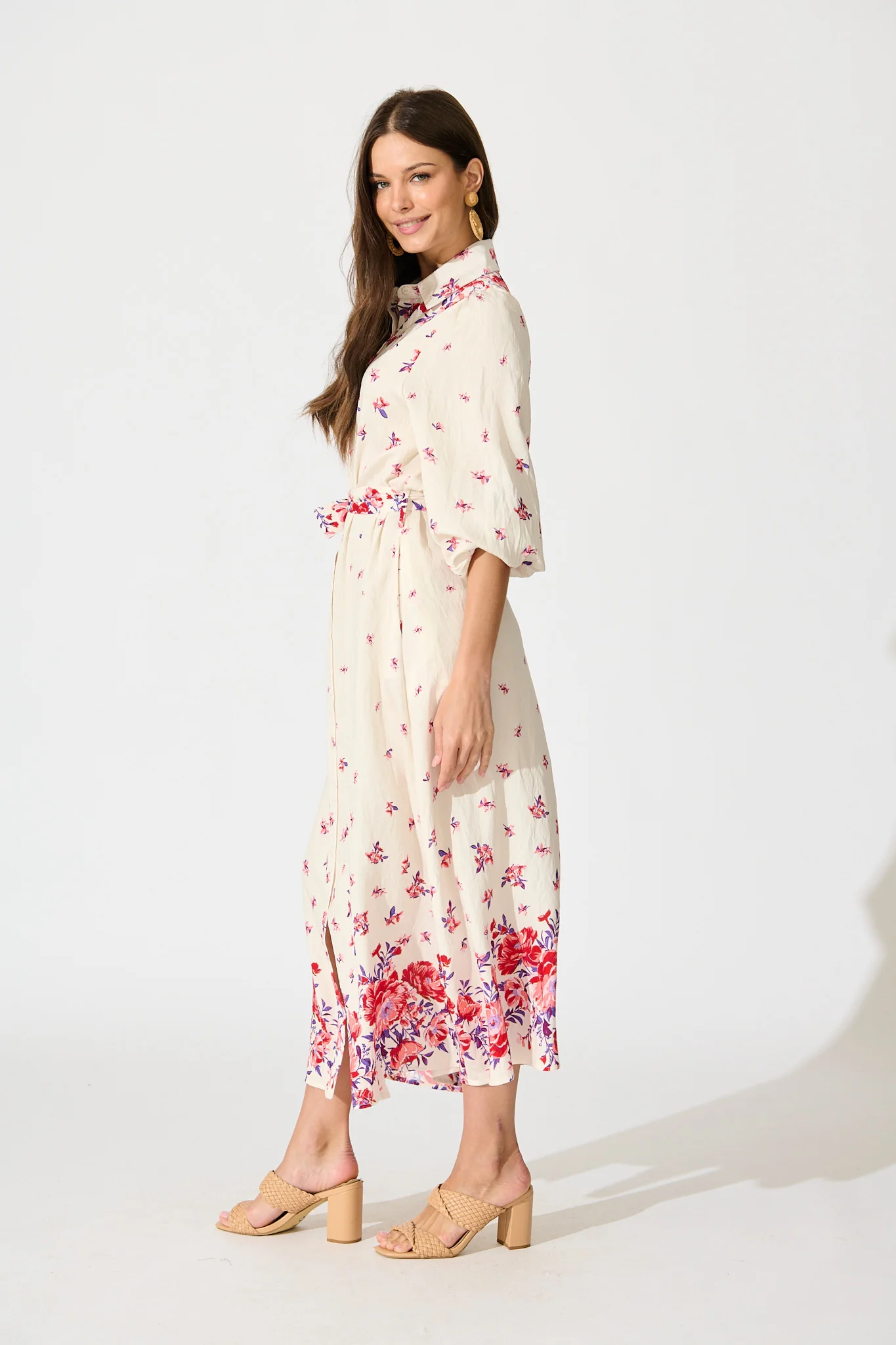 Bellie Maxi Shirt Dress in Cream with Red and Purple Linen Blend - Image 3