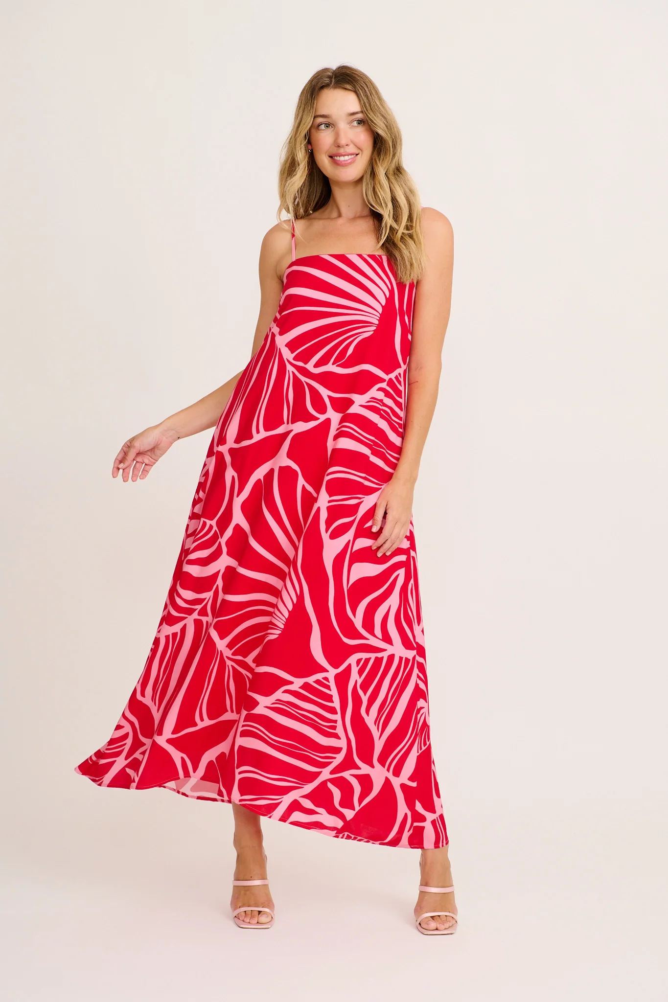 Bellona Maxi Sundress in Red with Pink Print