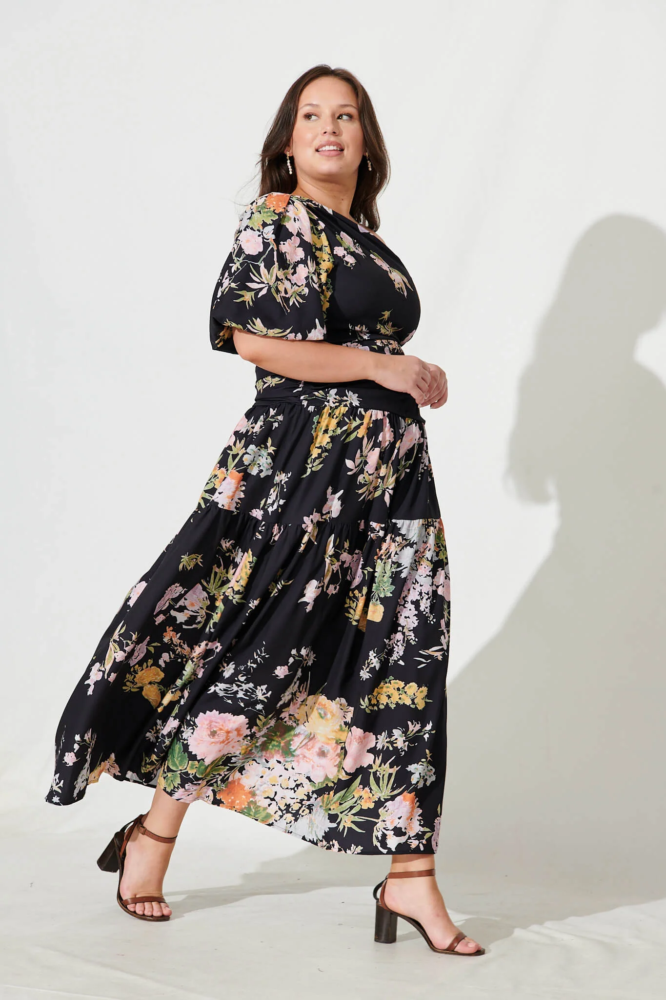 Berlyn One Shoulder Maxi Dress in Black With Pink Floral - Image 8