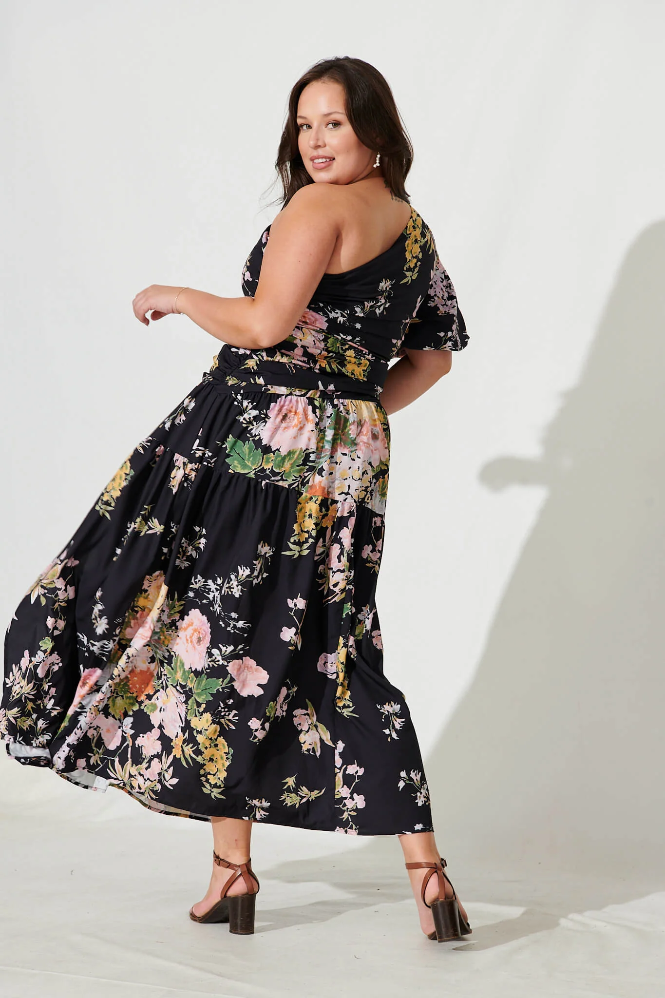 Berlyn One Shoulder Maxi Dress in Black With Pink Floral - Image 9