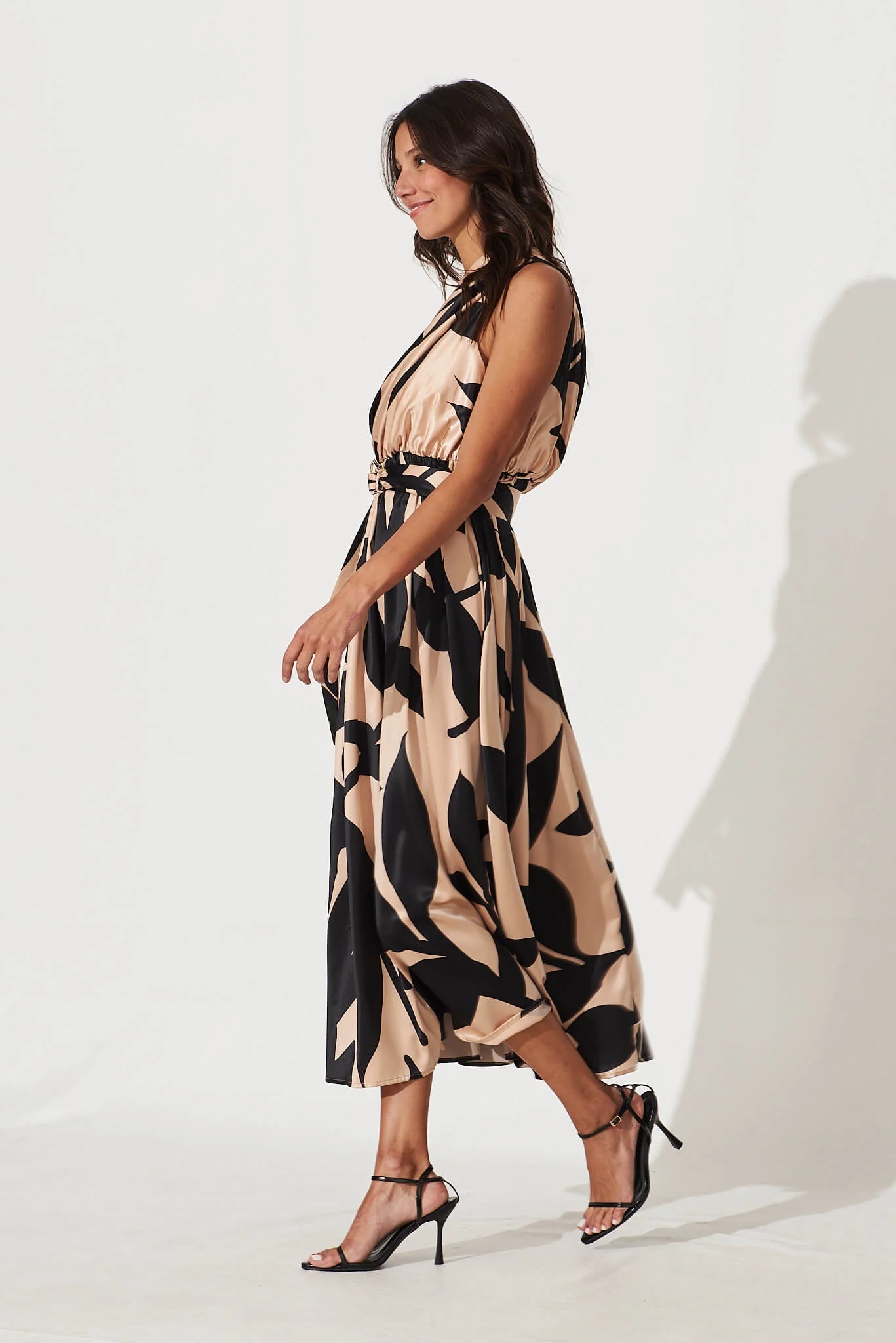 Bernadette One Shoulder Midi Dress In Brown With Black Print Satin - Image 3