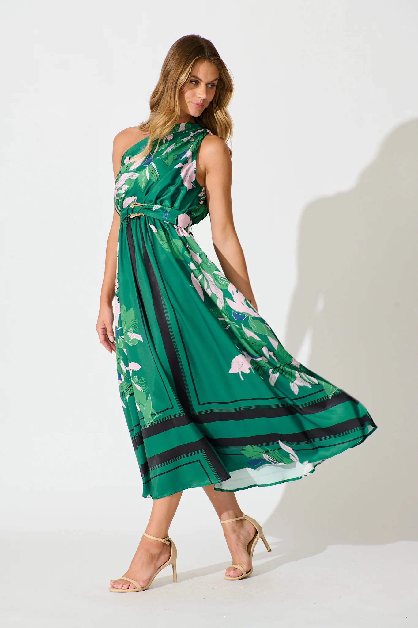 Bernadette One Shoulder Midi Dress In Emerald Print Satin - Image 3