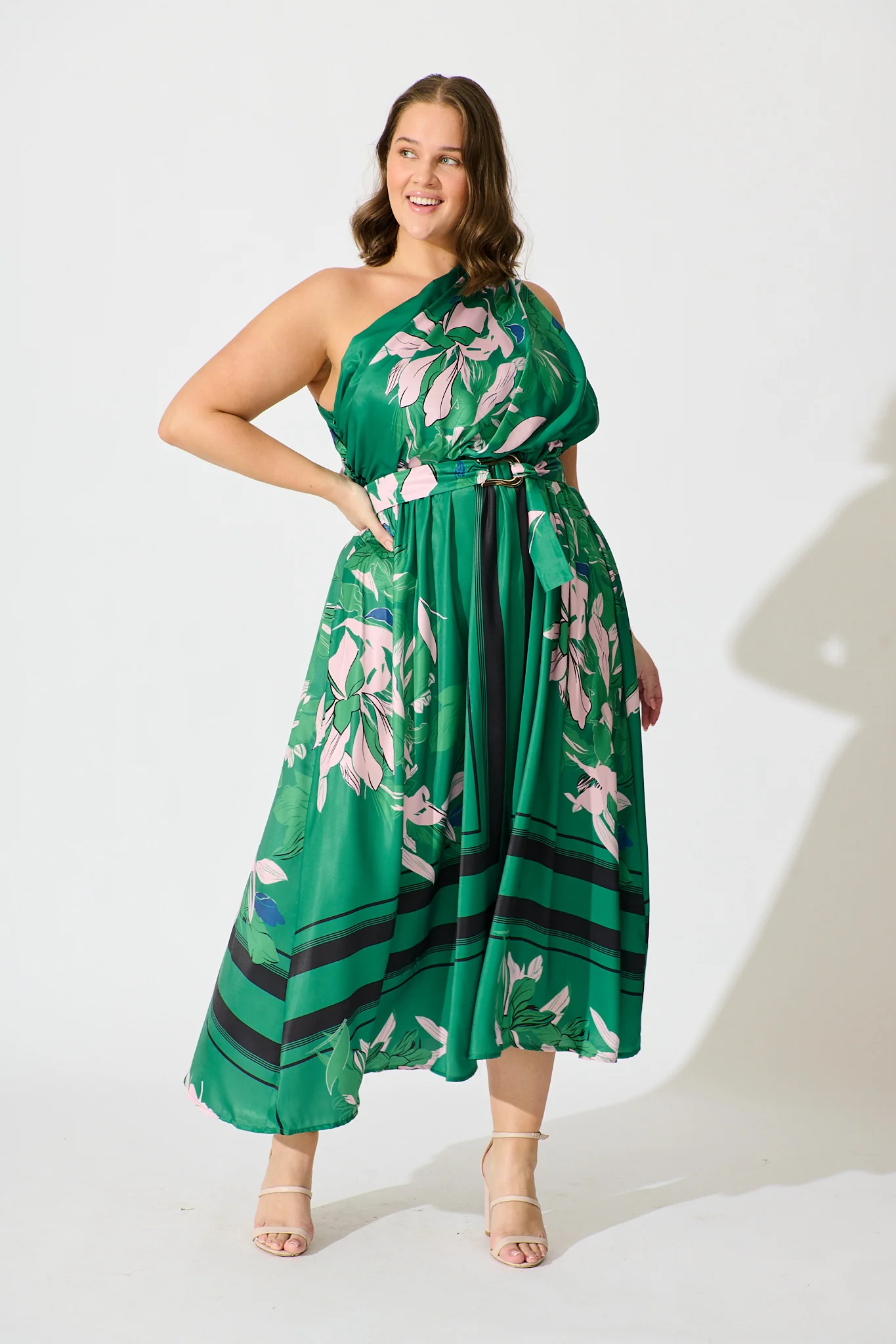 Bernadette One Shoulder Midi Dress In Emerald Print Satin - Image 7