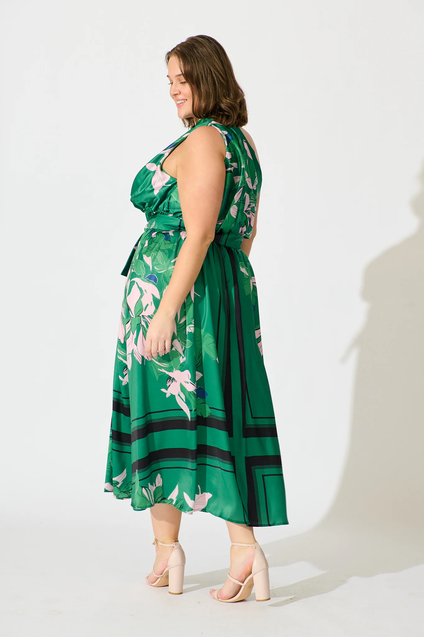 Bernadette One Shoulder Midi Dress In Emerald Print Satin - Image 9