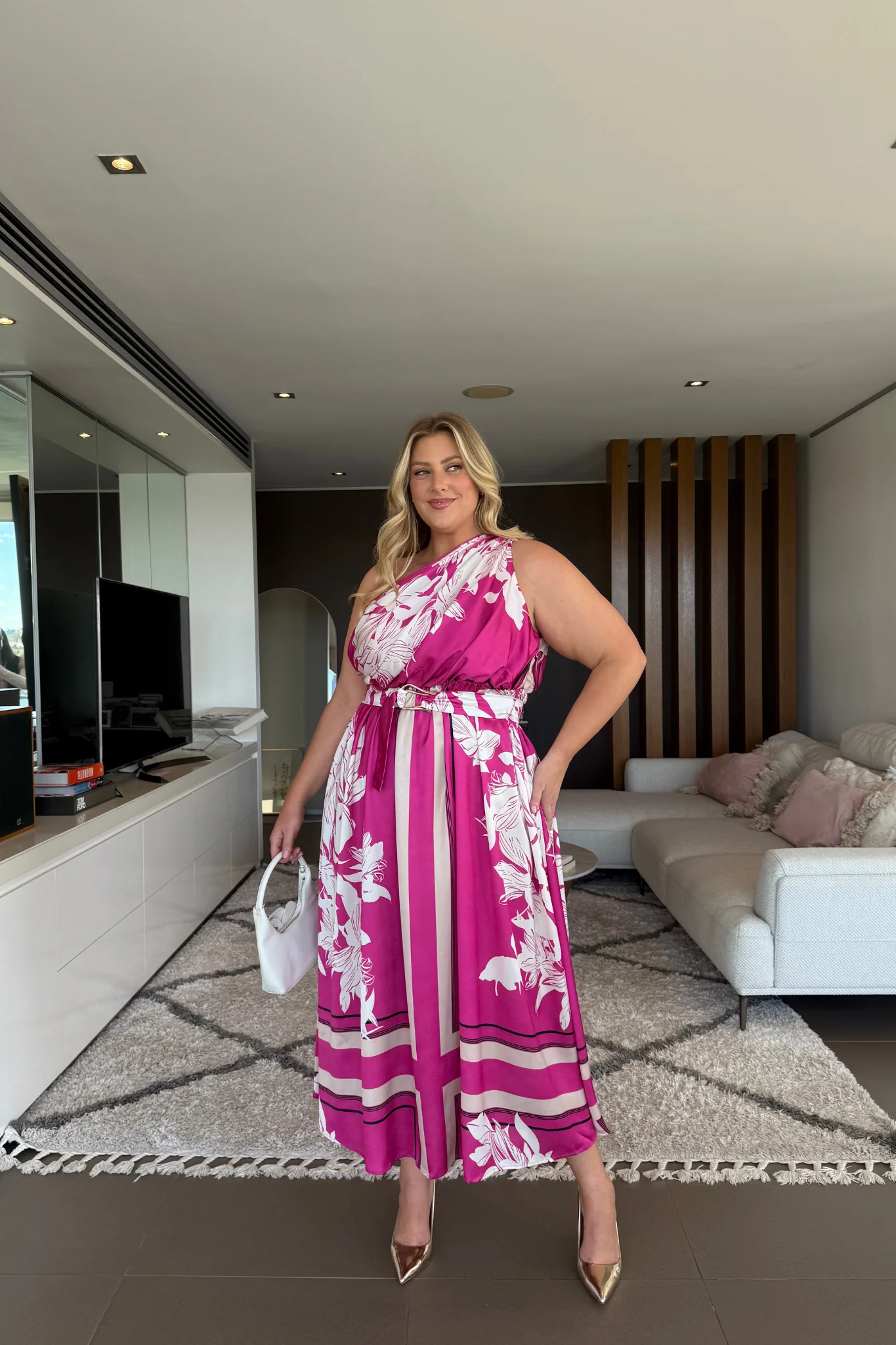 Bernadette One Shoulder Midi Dress in Magenta Floral Satin - Image 10
