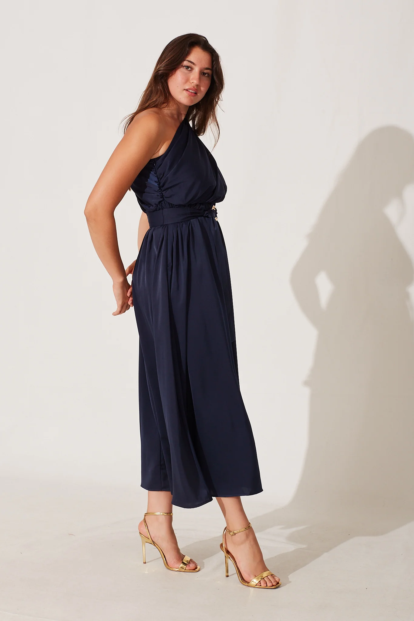 Bernadette One Shoulder Midi Dress In Navy Satin - Image 5