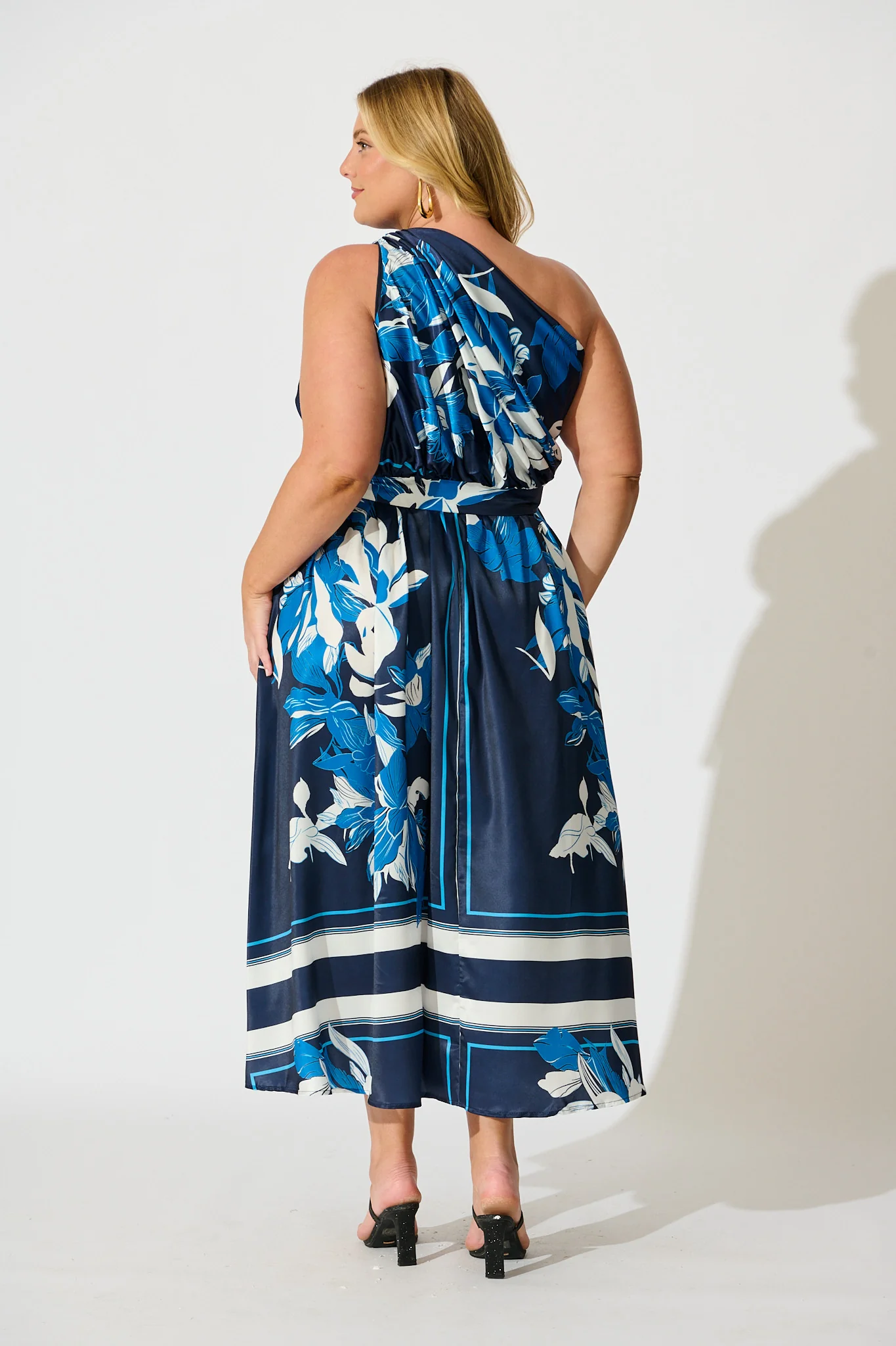 Bernadette One Shoulder Midi Dress in Navy with Floral Satin - Image 10