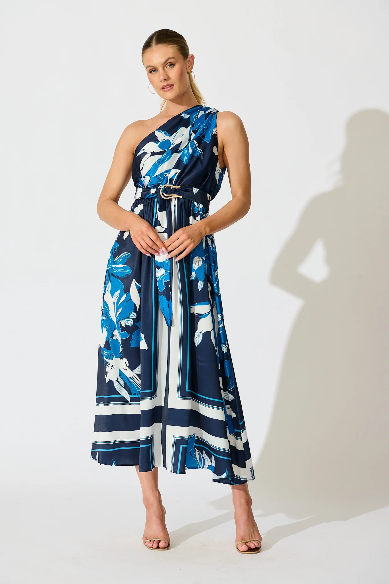 Bernadette One Shoulder Midi Dress in Navy with Floral Satin - Image 3