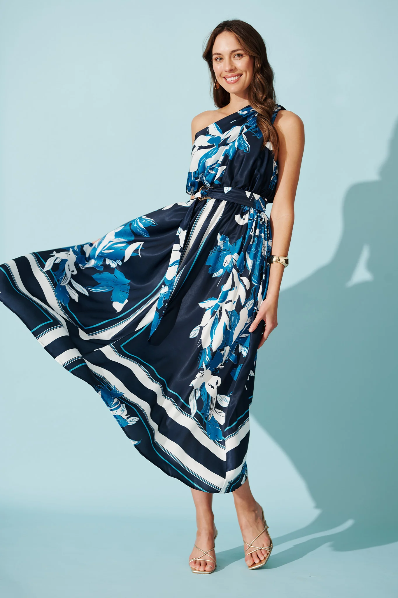 Bernadette One Shoulder Midi Dress in Navy with Floral Satin - Image 4