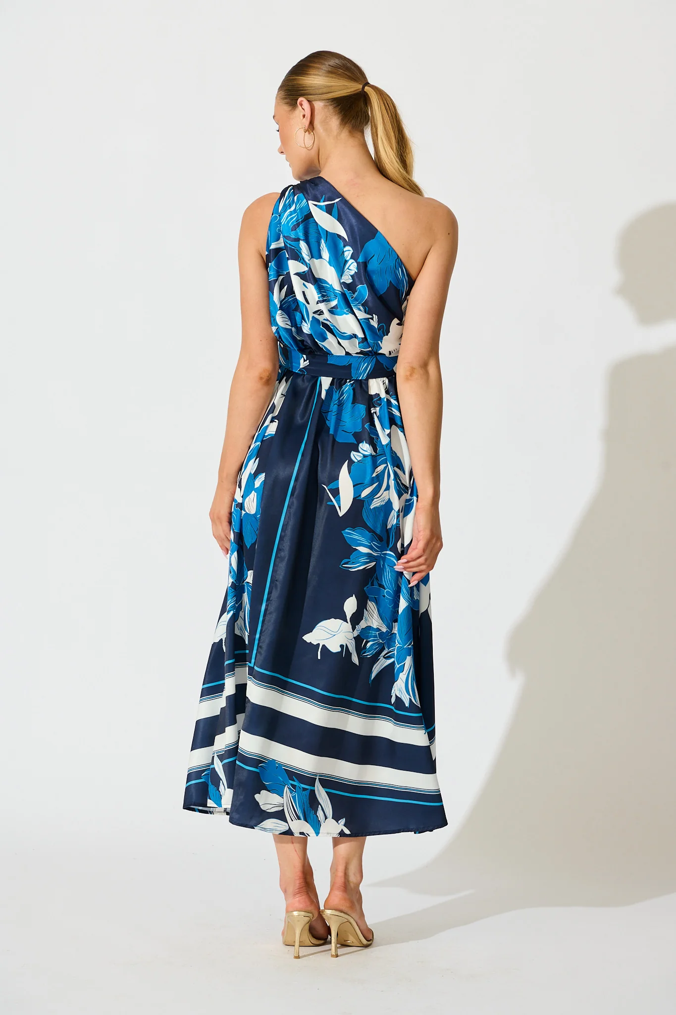 Bernadette One Shoulder Midi Dress in Navy with Floral Satin - Image 9