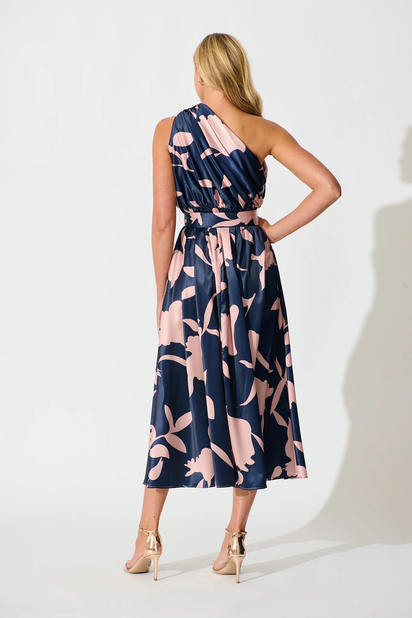 Bernadette One Shoulder Midi Dress in Navy with Mocha Satin - Image 4