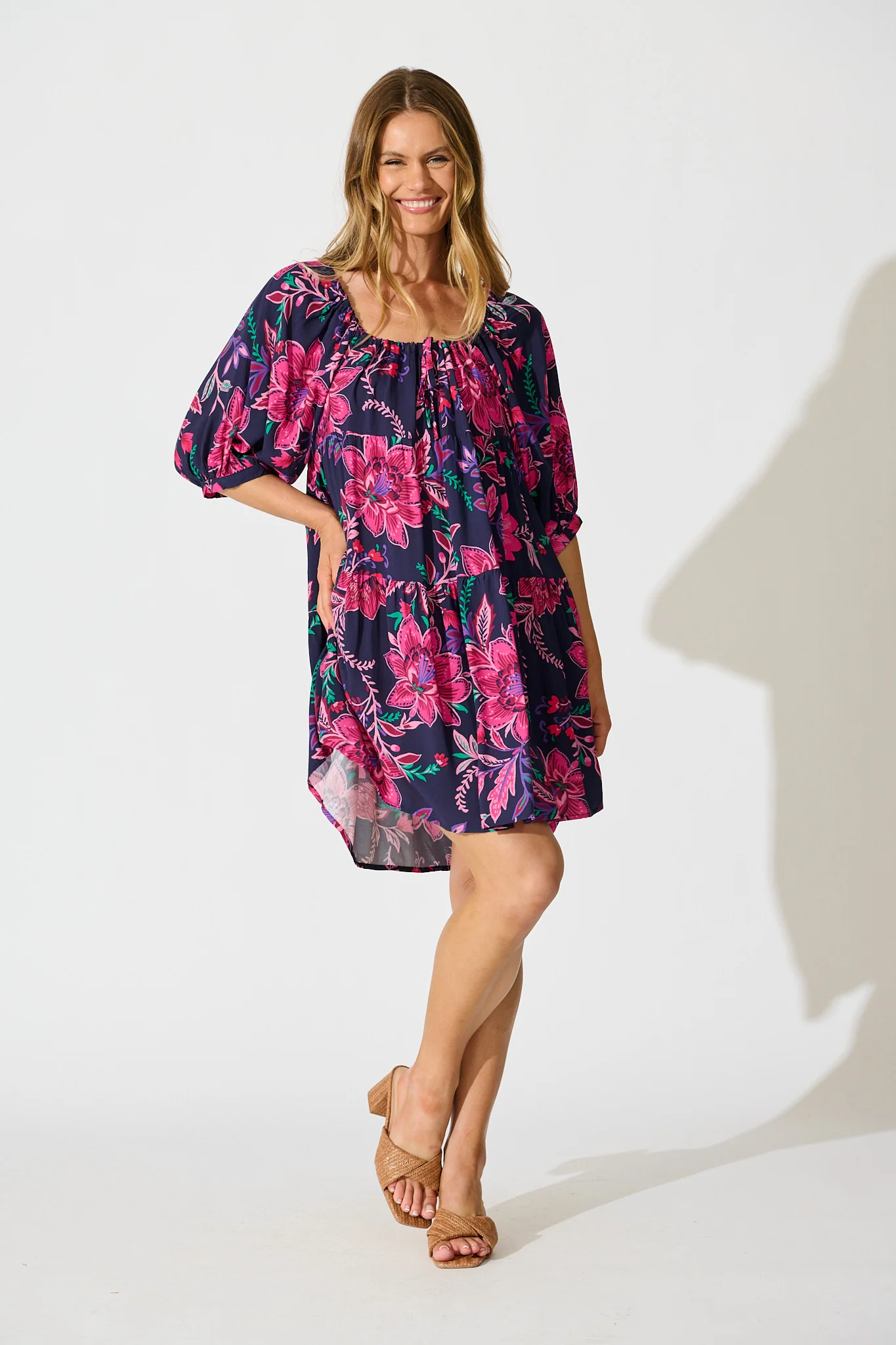 Beryll Smock Dress In Navy with Pink Floral - Image 3