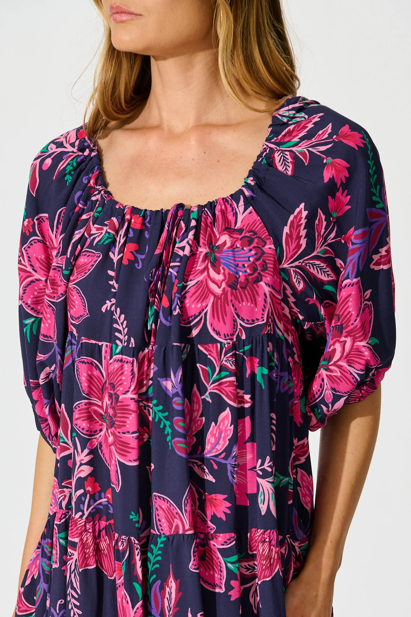 Beryll Smock Dress In Navy with Pink Floral - Image 9
