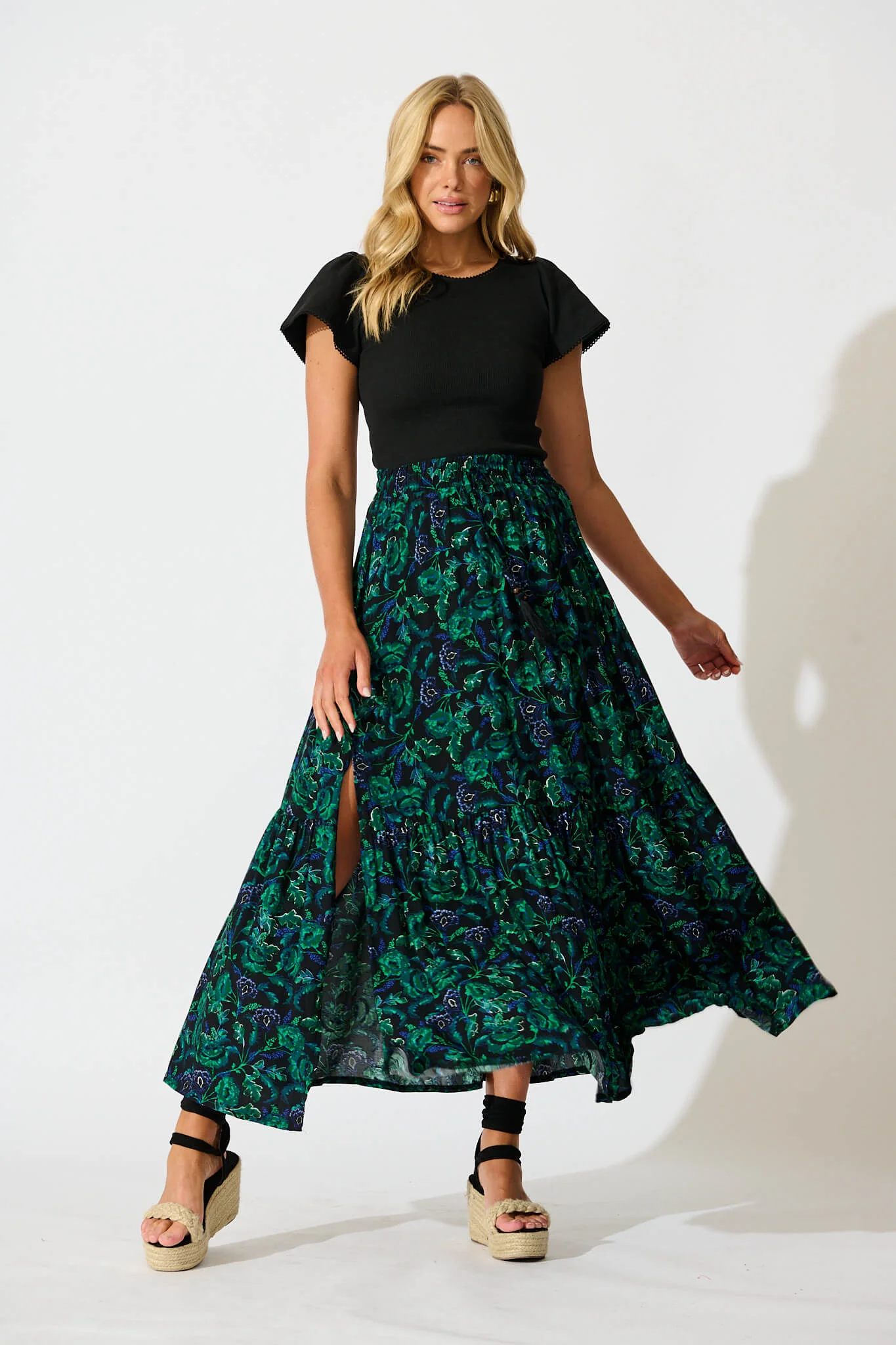 Bilboa Maxi Skirt in Emerald with Green and Blue Floral - Image 4