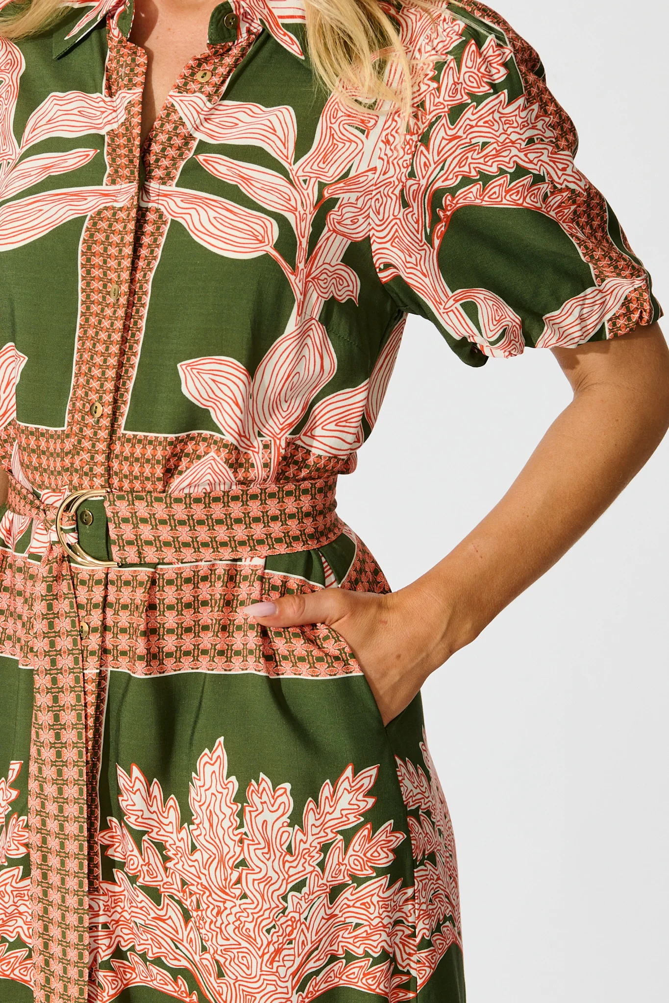 Bittersweet Midi Shirt Dress in Khaki Placement Print - Image 5