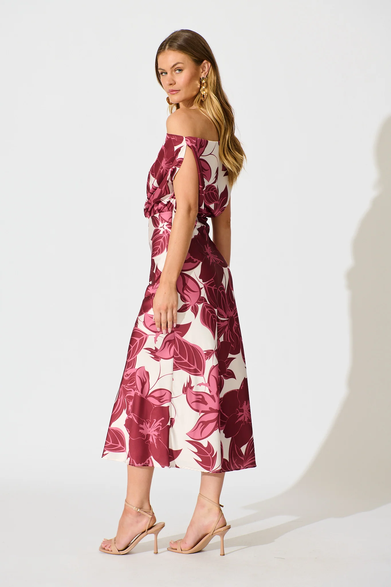 Bloom Aura Off Shoulder Maxi Dress in Red Floral - Image 3