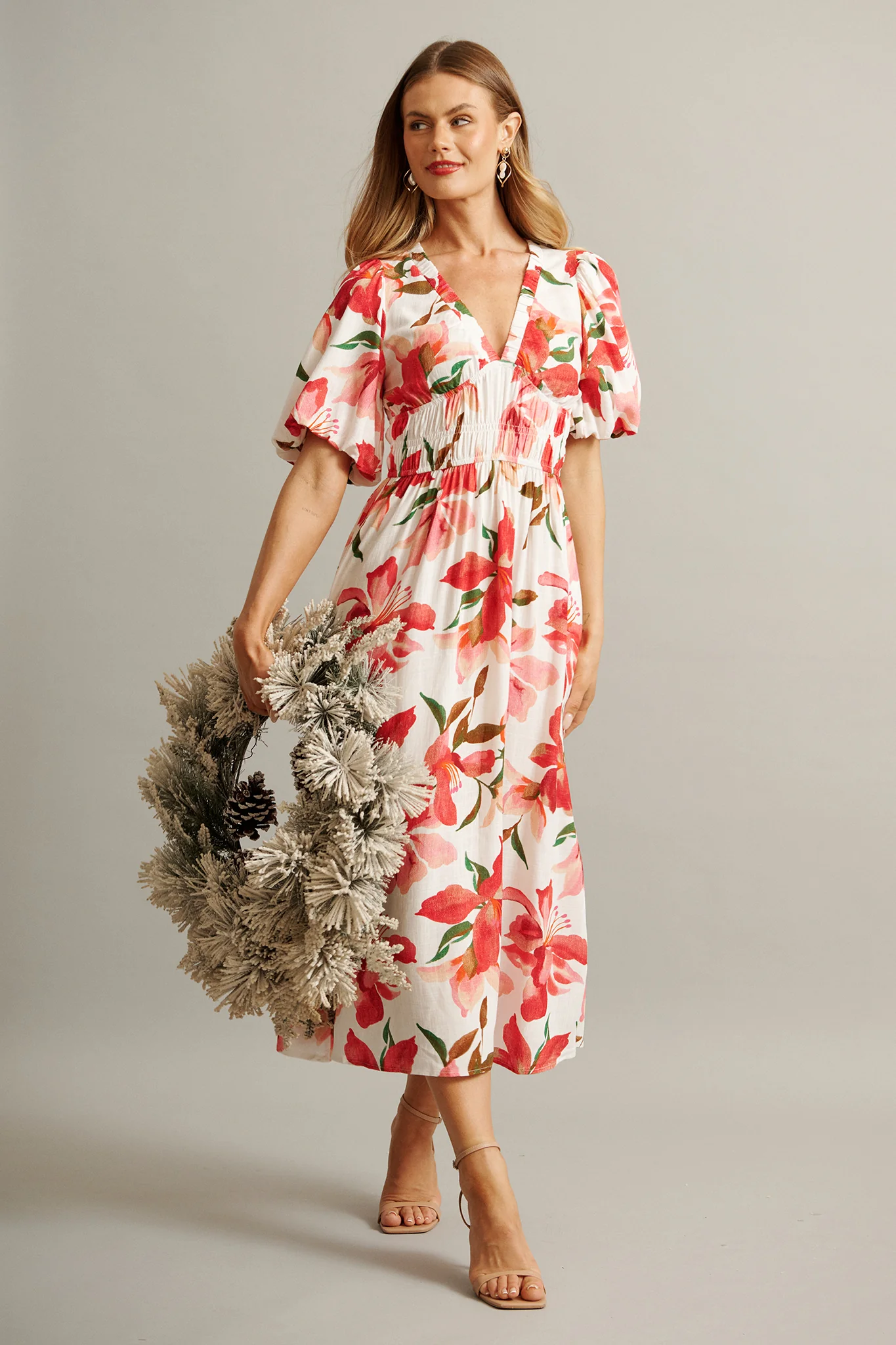 Bloomlit Midi Dress in White with Red Floral Linen Blend - Image 4