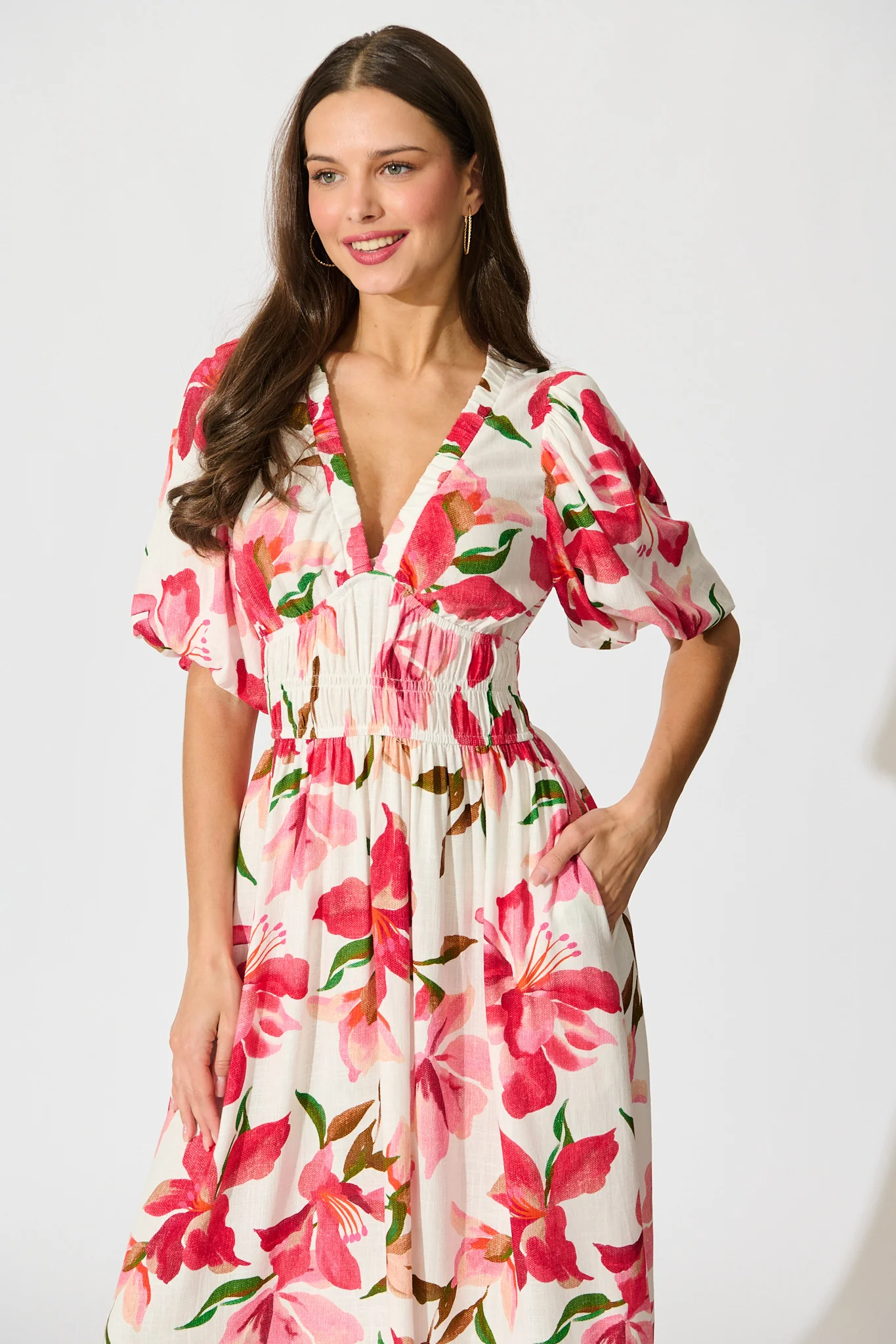Bloomlit Midi Dress in White with Red Floral Linen Blend - Image 5