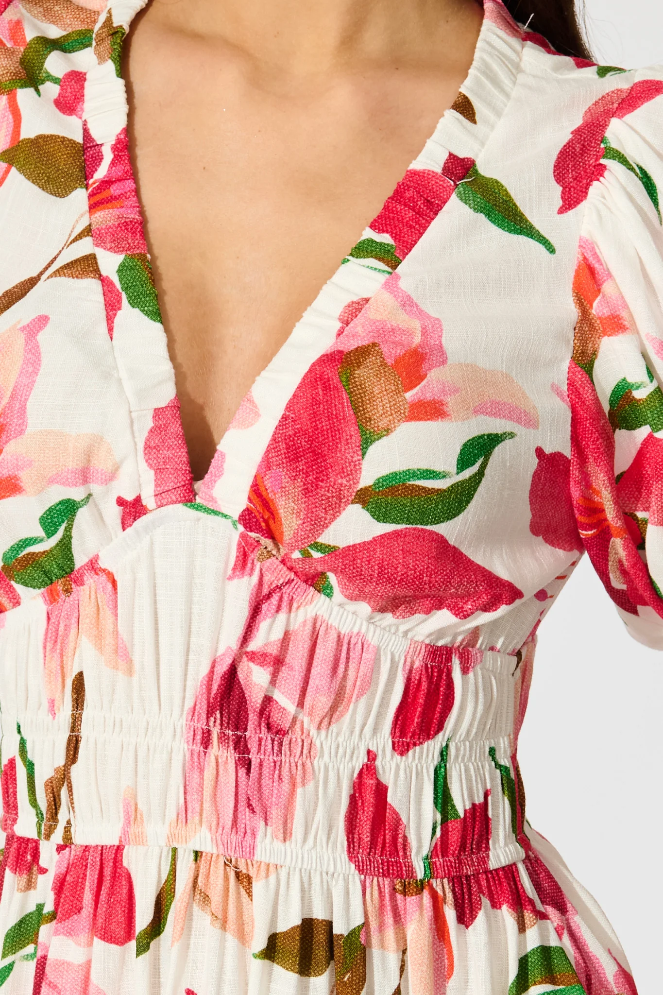 Bloomlit Midi Dress in White with Red Floral Linen Blend - Image 8