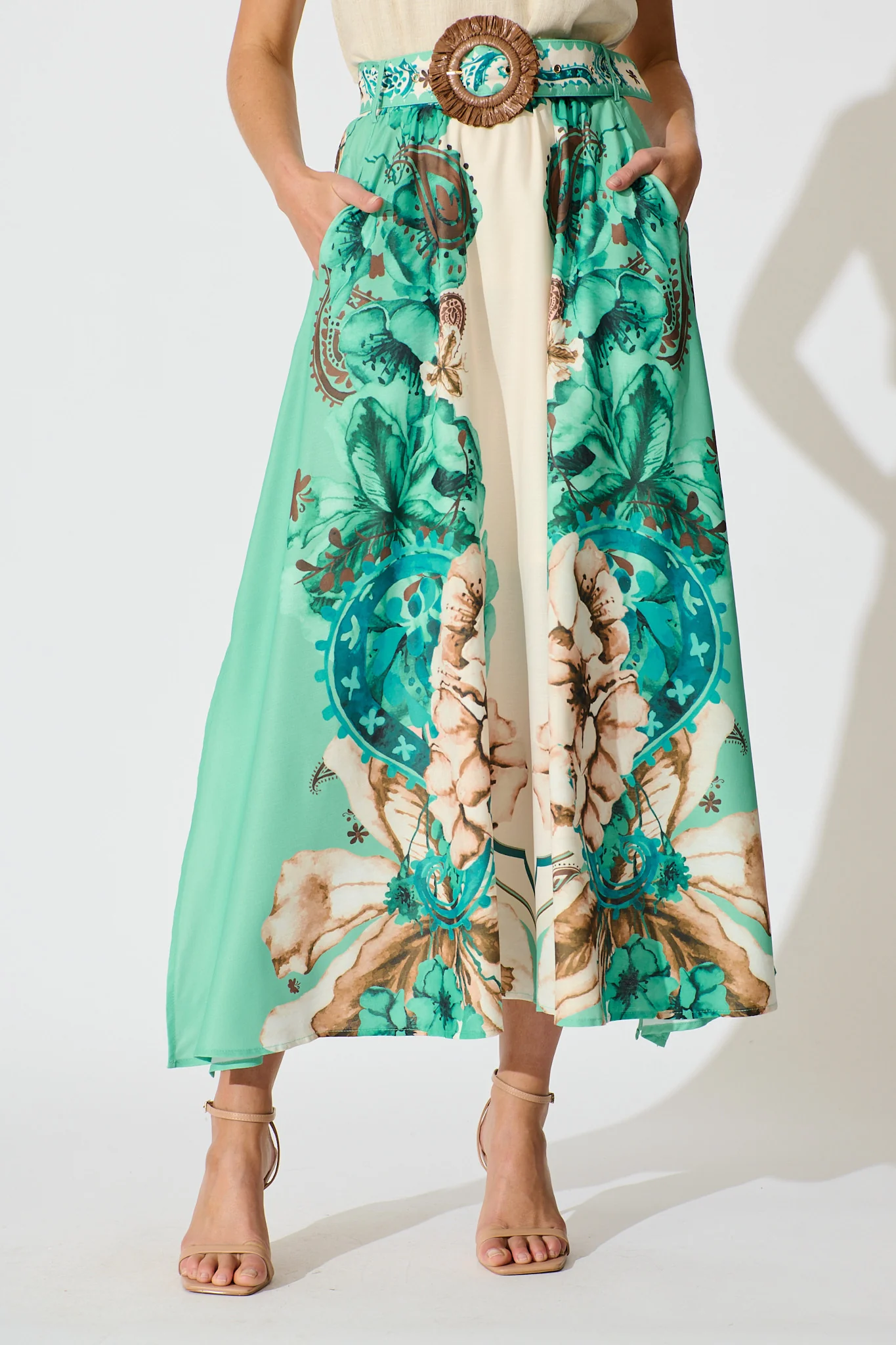 Boheme Breeze Skirt in Cream with Jade Print Linen Blend - Image 3