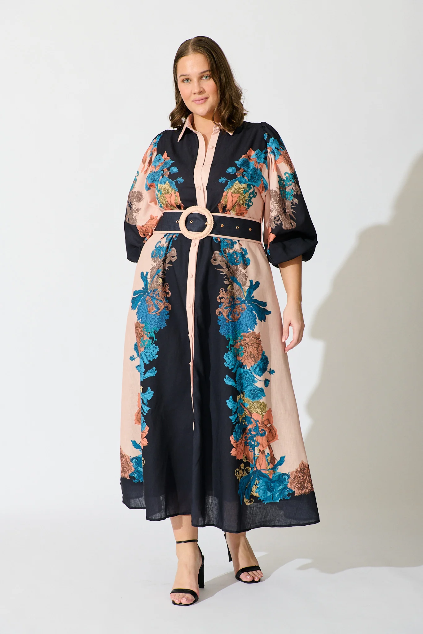 Botanical Bliss Maxi Shirt Dress in Black Multi Floral Linen Blend - Image 8
