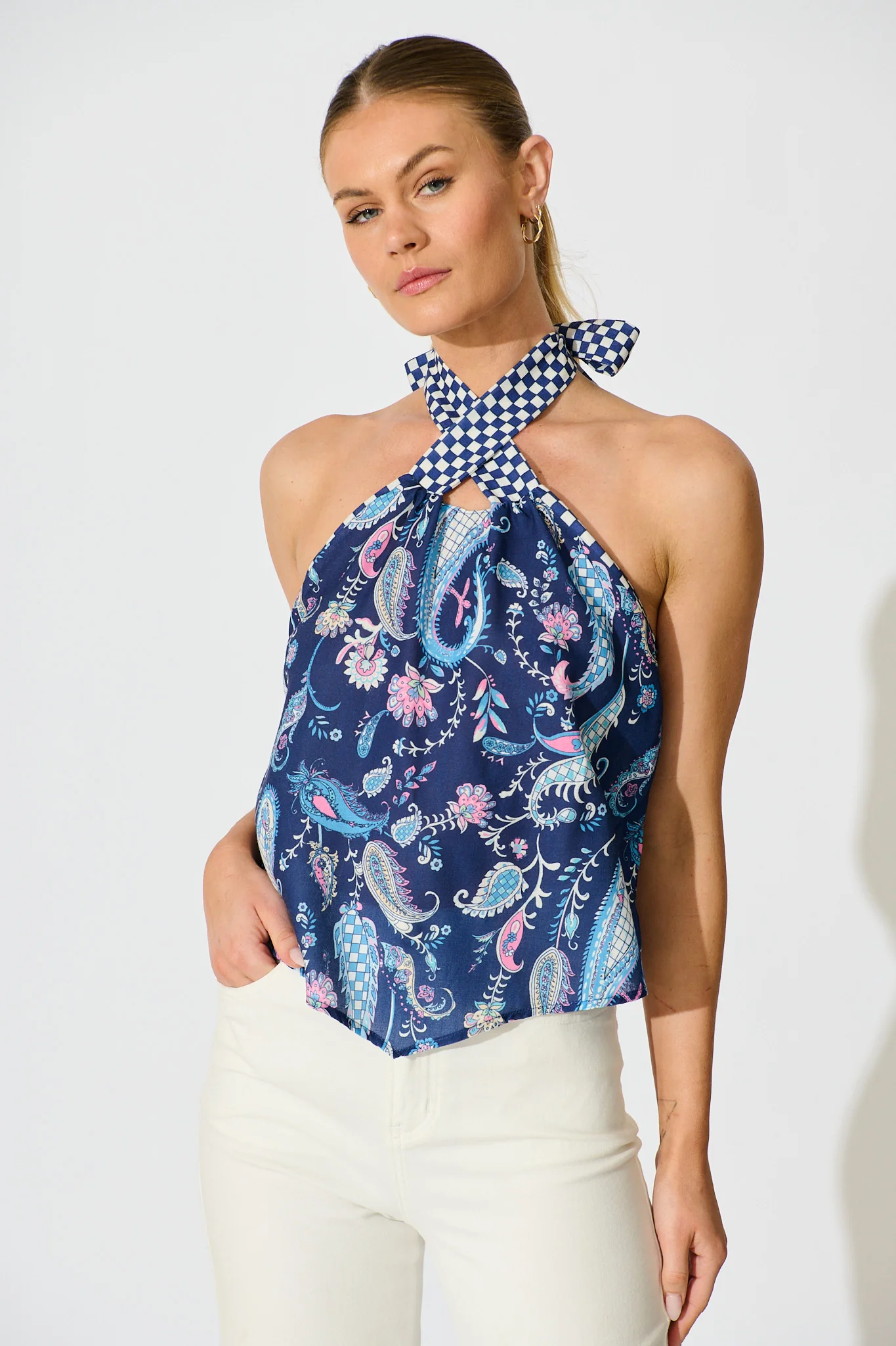 Braelyn Halterneck Top In Navy Paisley Print Linen Blend