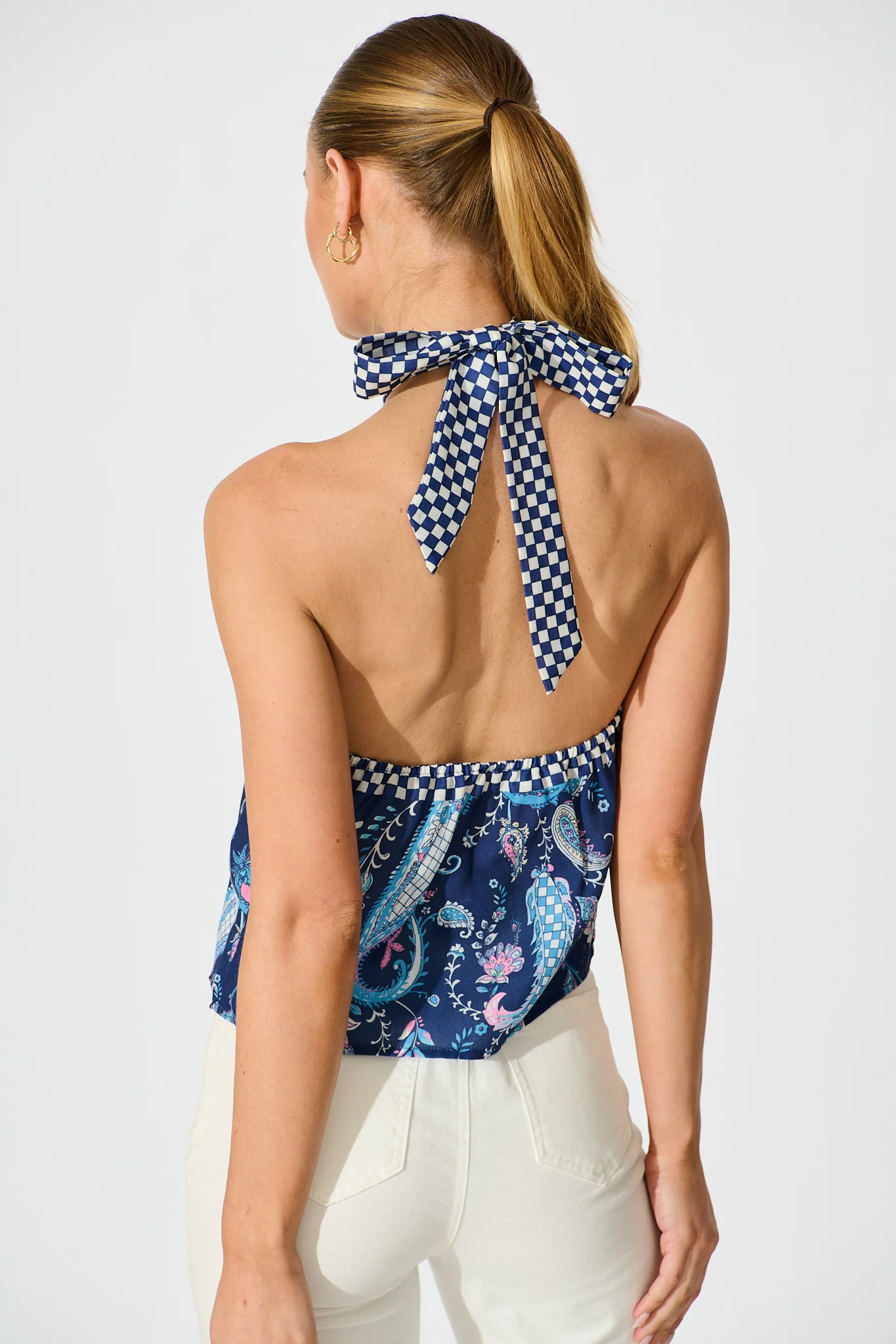 Braelyn Halterneck Top In Navy Paisley Print Linen Blend - Image 3