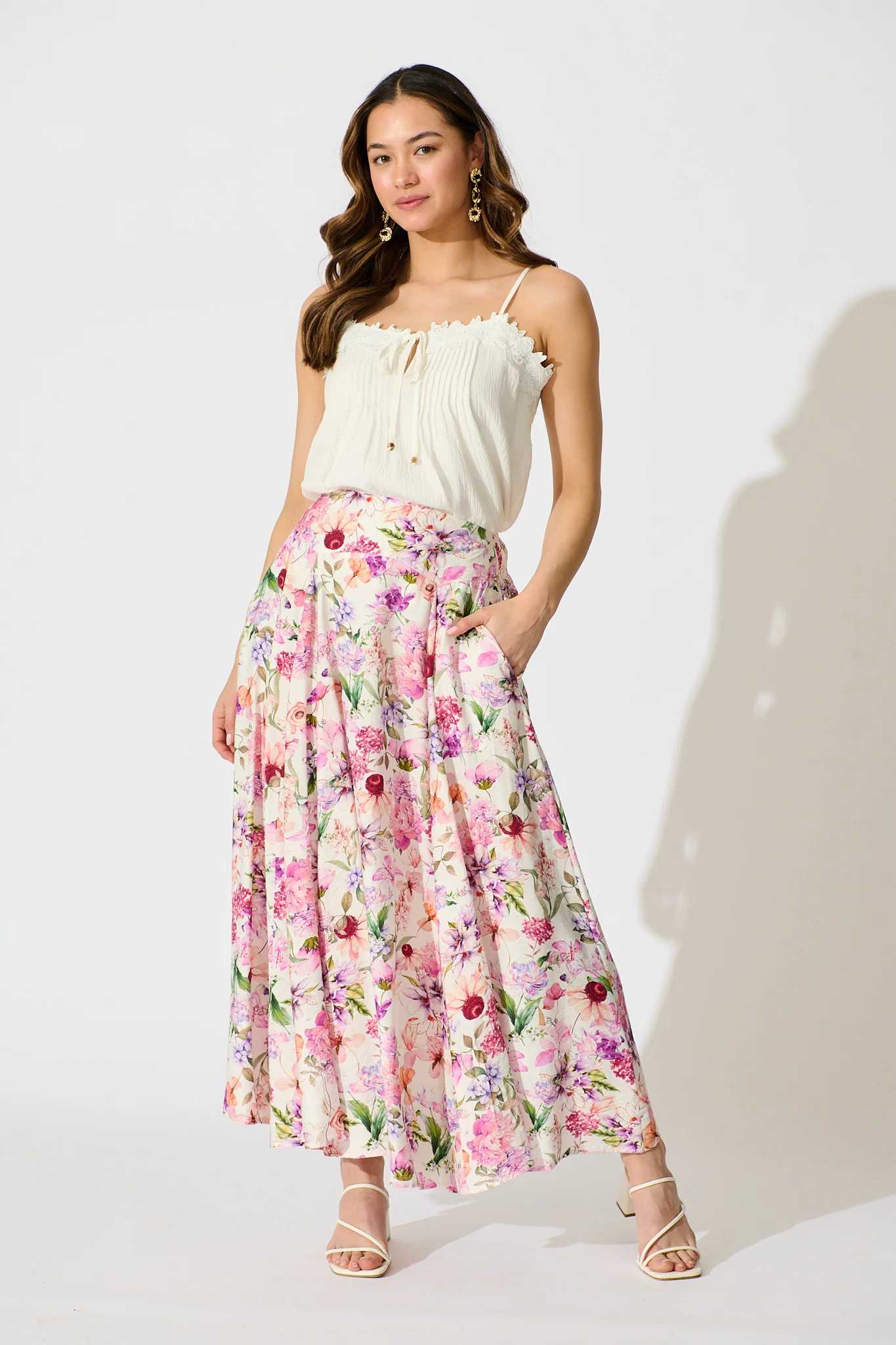 Brandsy Maxi Skirt in White with Lilac Floral - Image 4